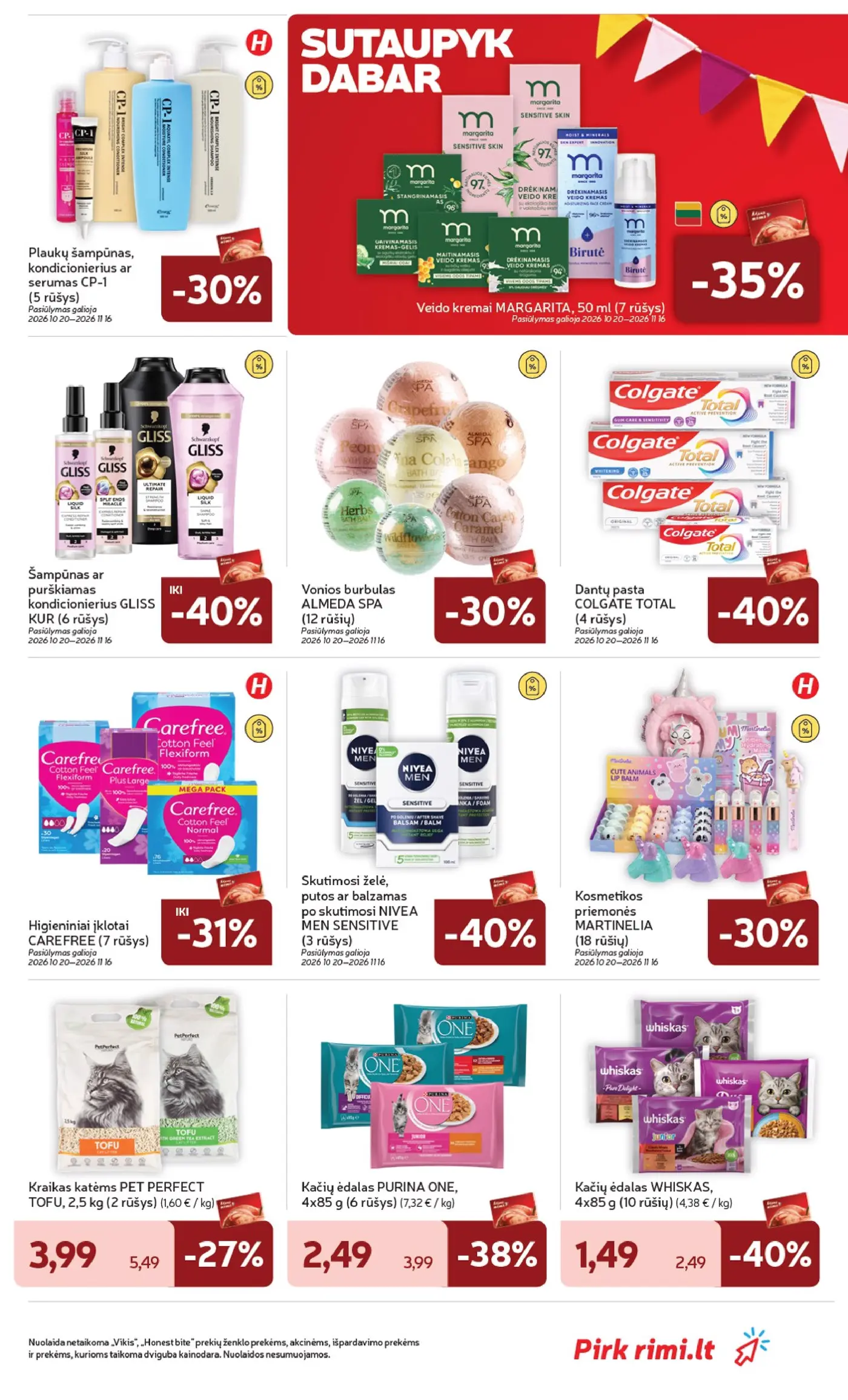 Rimi leidinys Nr. 44 – 33 puslapis: Kraikas katėms PET PERFECT TOFU, 2.5 kg, MARGARITA Veido kremas, 50 ml, Kačių ėdalas PURINA ONE, 4 x 85 g