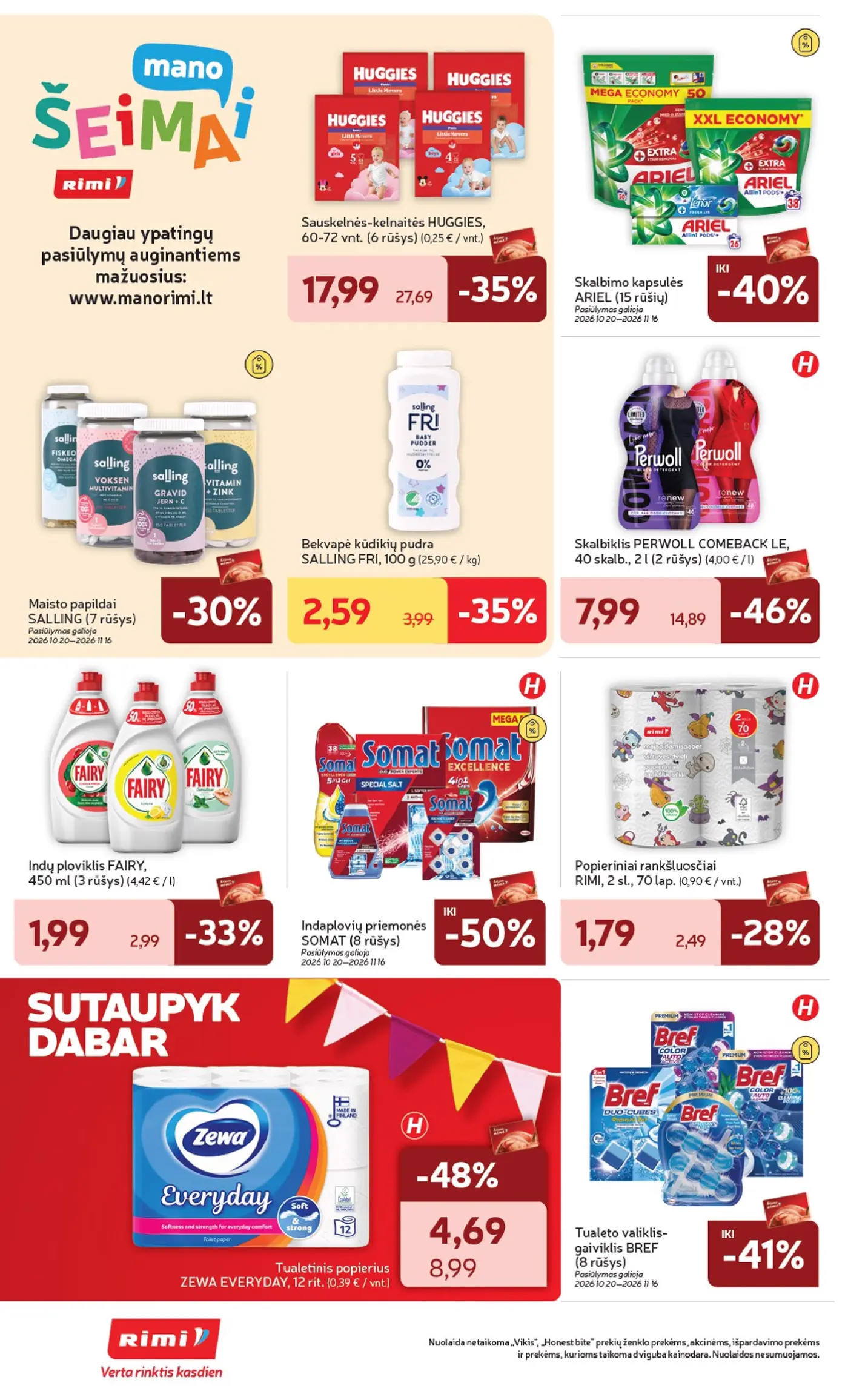 Rimi leidinys Nr. 44 – 34 puslapis: Tualetinis popierius ZEWA EVERYDAY, 12 rit., Bekvapė kūdikių pudra SALLING FRI, 100 g, Sauskelnės-kelnaitės HUGGIES, 72 vnt