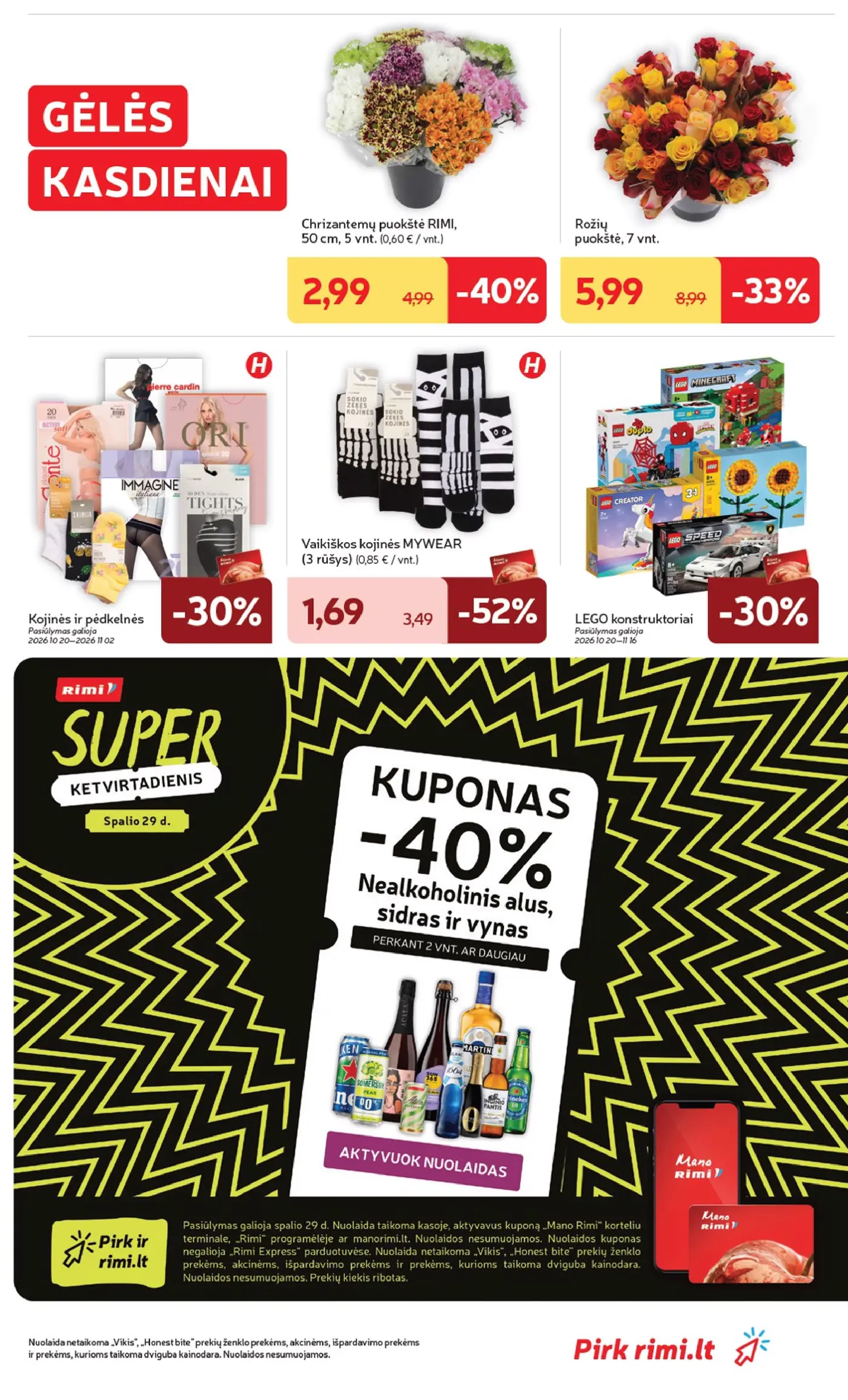 Rimi leidinys Nr. 44 – 35 puslapis: Chrizantemų puokštė RIMI, 50 cm, Rožių puokštė, 7 vnt, Kojinės ir pėdkelnės