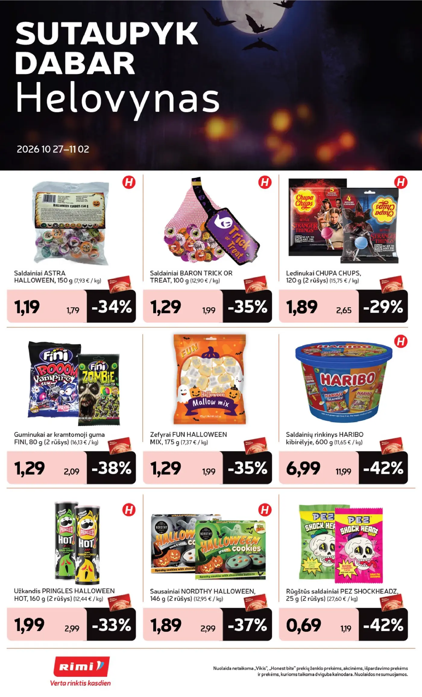 Rimi leidinys Nr. 44 – 4 puslapis: Saldainių rinkinys HARIBO kibirėlyje, 600 g, Saldainiai ASTRA HALLOWEEN, 150 g, Saldainiai BARON TRICK OR TREAT, 100 g