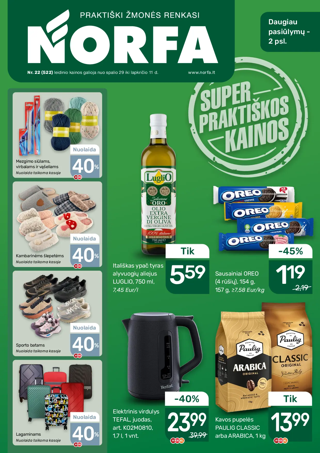Norfa leidinys Nr. 22 – 1 puslapis: Kavos pupelės PAULIG CLASSIC arba ARABICA, 1 kg, Itališkas ypač tyras alyvuogių aliejus LUGLIO, 750 ml, Lagaminams