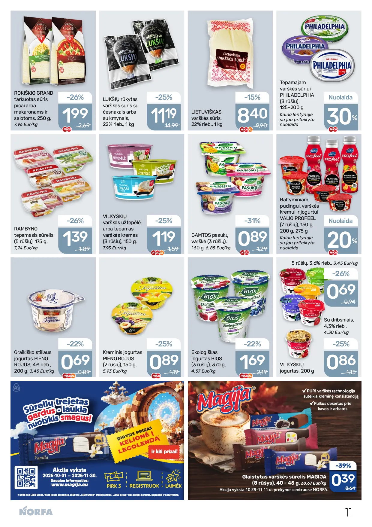 Norfa leidinys Nr. 22 – 11 puslapis: Kreminis jogurtas PIENO ROJUS, 150 g, ROKIŠKIO GRAND tarkuotas sūris picai arba makaronams ir salotoms, 250 g, Tepamajam varškės sūriui PHILADELPHIA, 200 g