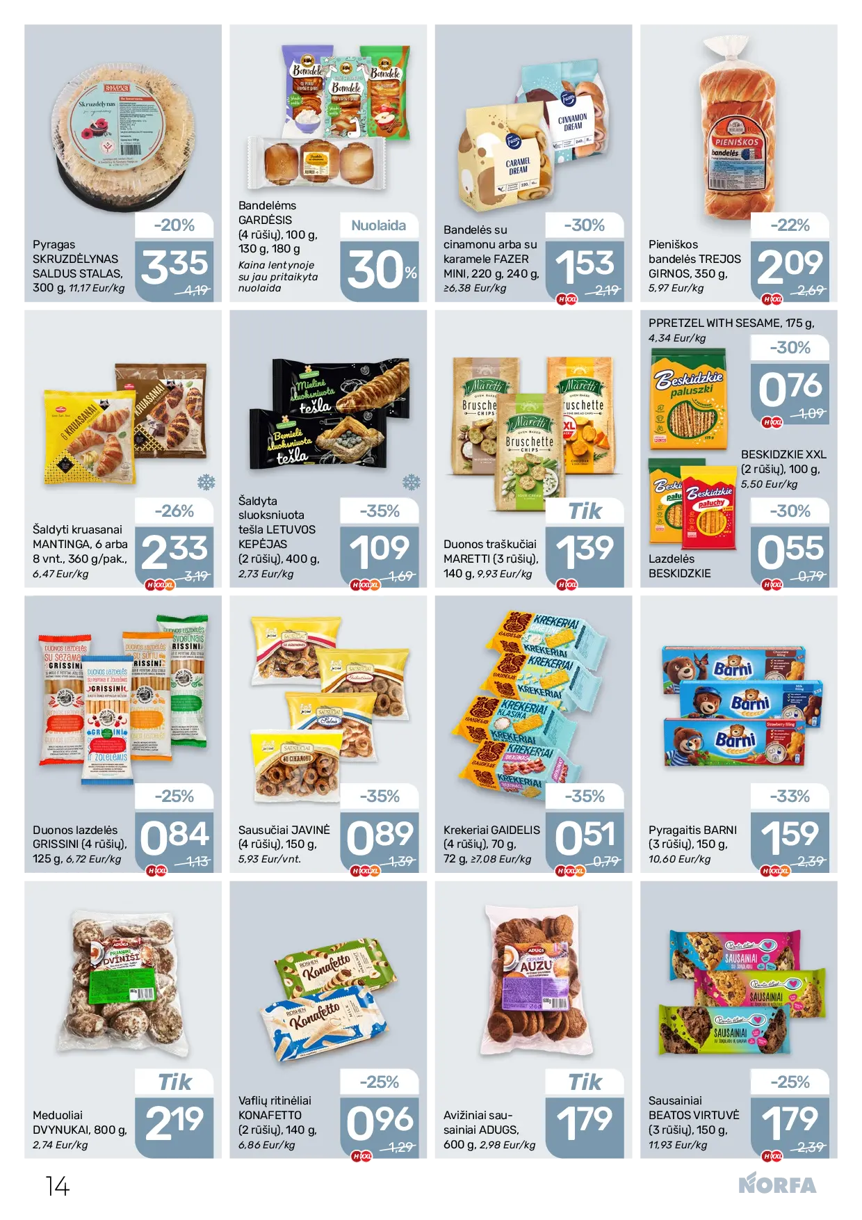 Norfa leidinys Nr. 22 – 14 puslapis: Avižiniai sausainiai ADUGS, 600 g, Meduoliai DVYNUKAI, 800 g, Pieniškos bandelės TREJOS GIRNOS, 350 g