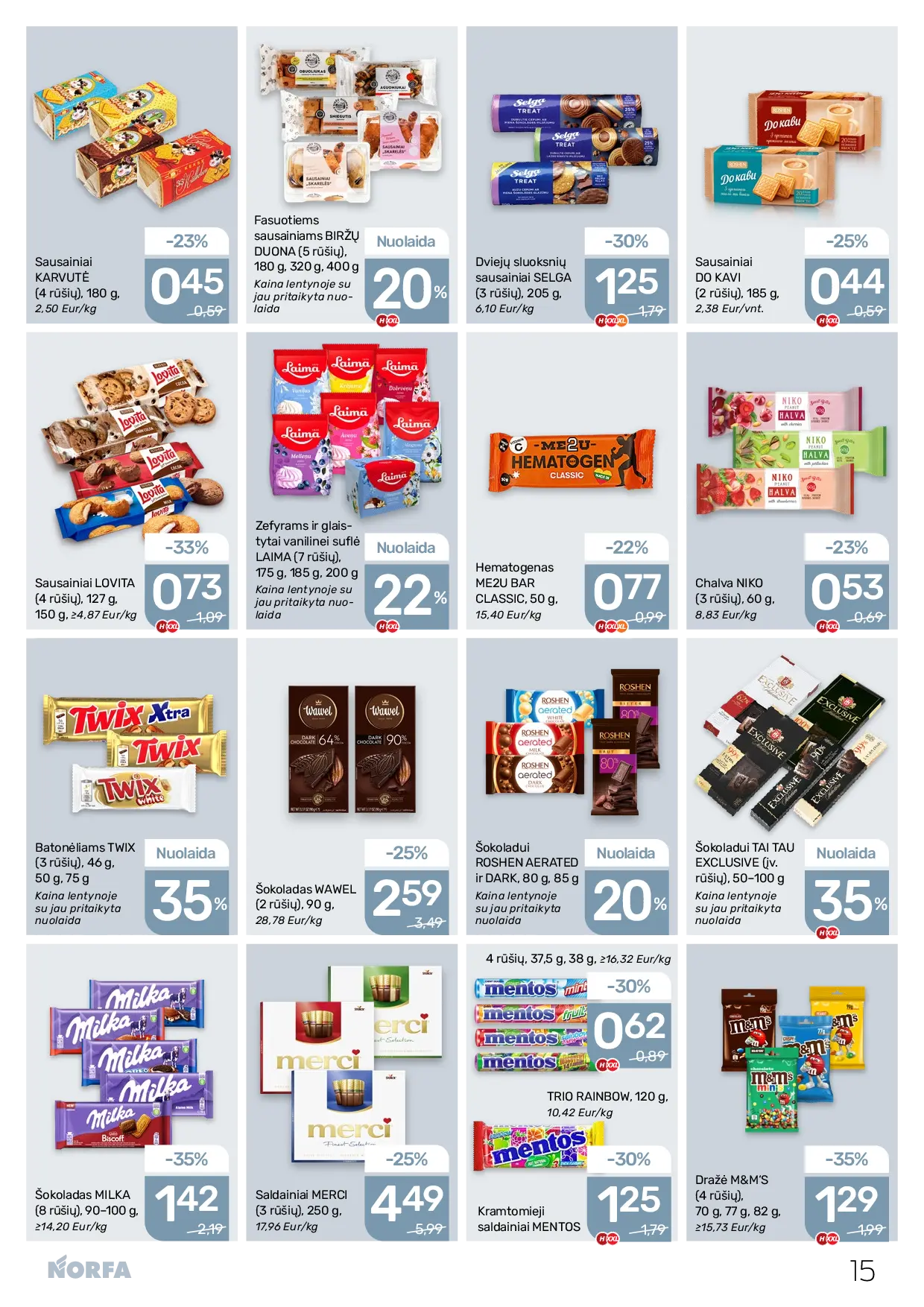 Norfa leidinys Nr. 22 – 15 puslapis: Hematogenas ME2U BAR CLASSIC, 50 g, Fasuotiems sausainiams BIRŽŲ DUONA, 180 g, Sausainiai LOVITA, 127 g