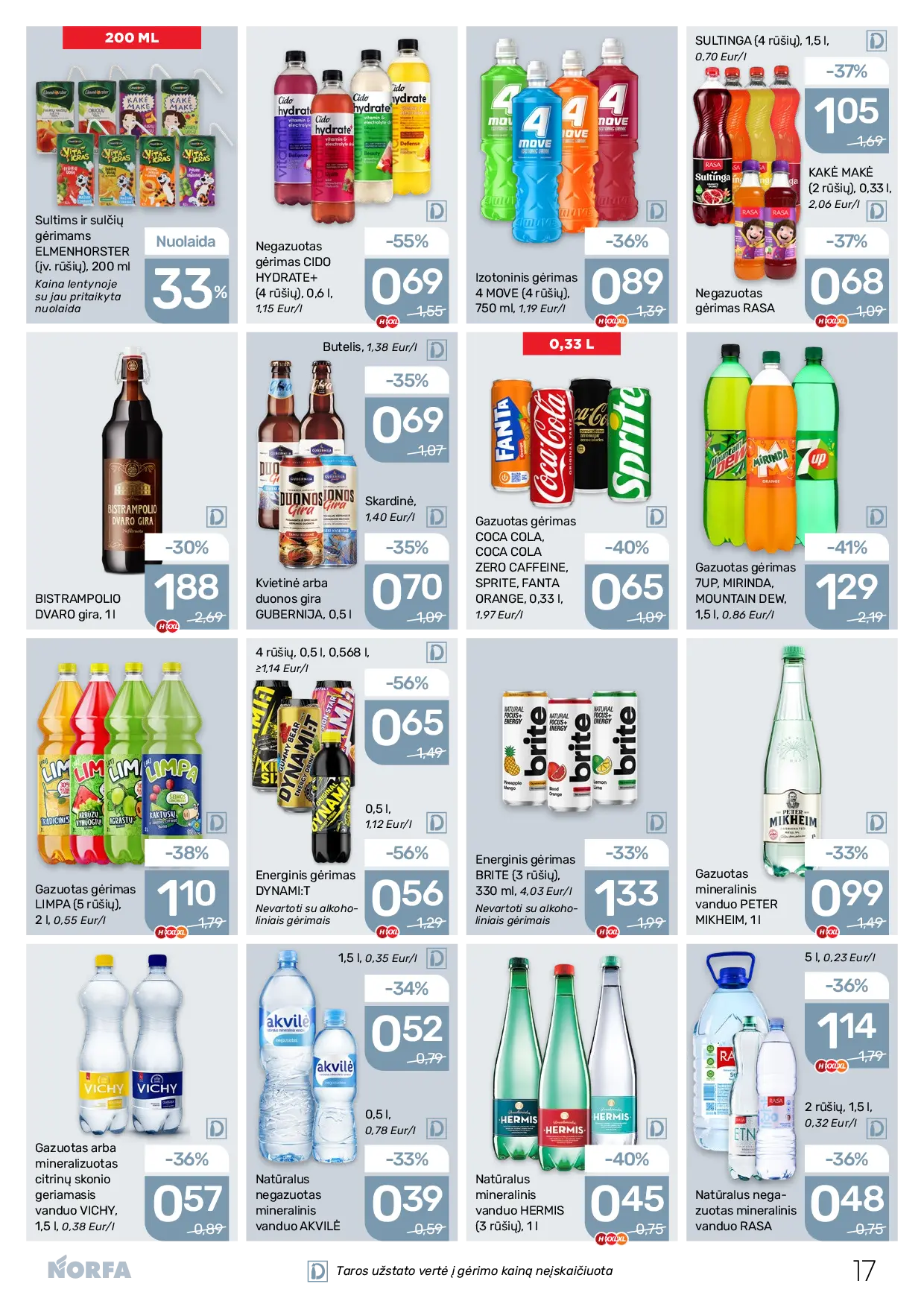 Norfa leidinys Nr. 22 – 17 puslapis: Natūralus negazuotas mineralinis vanduo RASA, 5 l, Negazuotas natūralus mineralinis vanduo AKVILĖ, 500 ml, Natūralus mineralinis vanduo AKVILĖ, negazuotas, 1.5 l