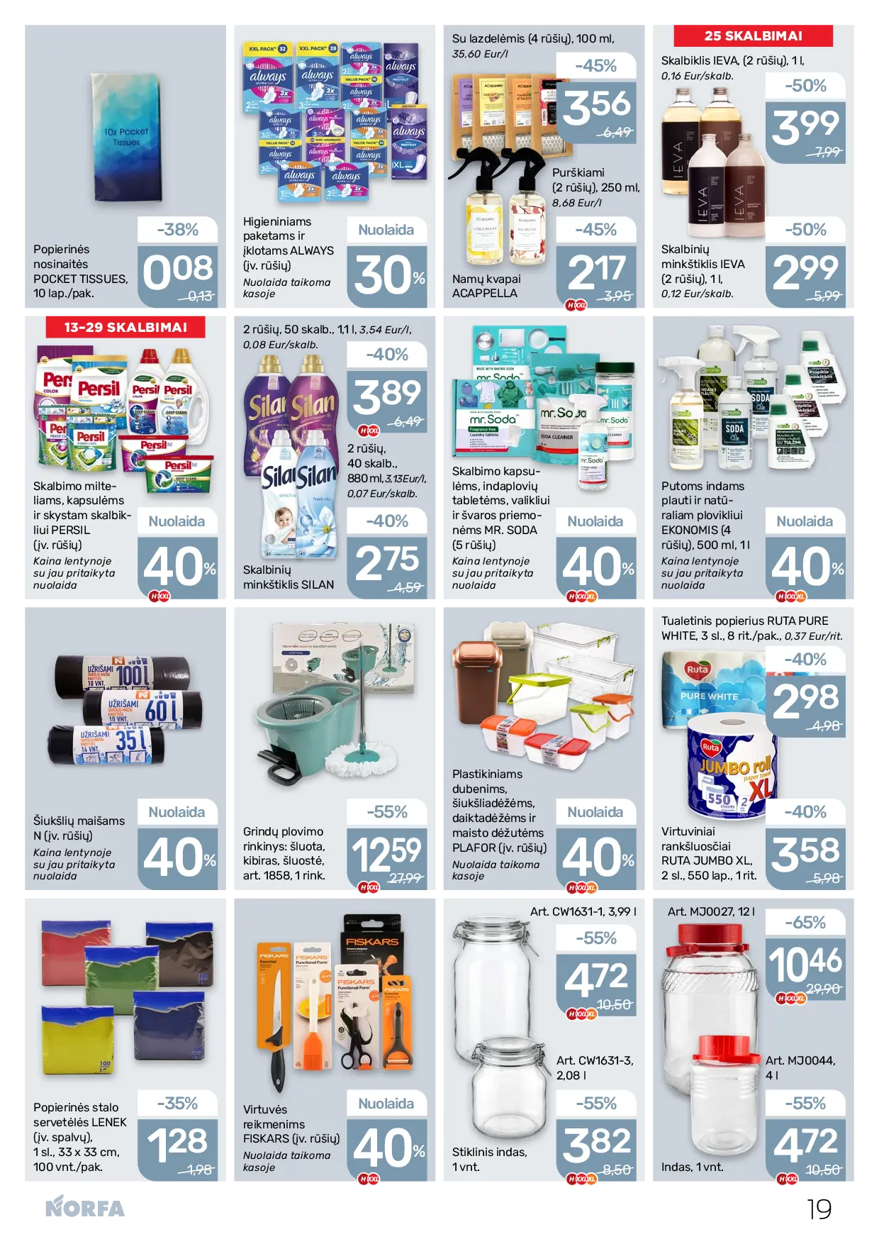 Norfa leidinys Nr. 22 – 19 puslapis: Higieniniams paketams ir įklotams ALWAYS, Su lazdelėmis, 100 ml, Skalbiklis IEVA, 1 l