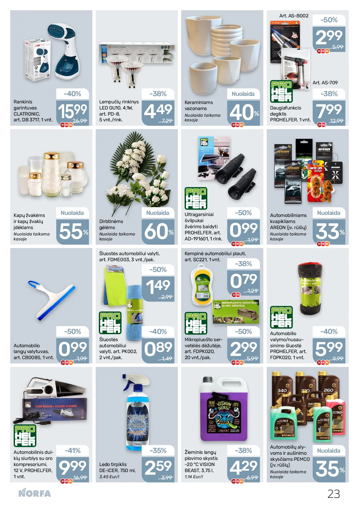 Norfa leidinys Nr. 22 – 23 puslapis: Žieminis langų plovimo skystis -20 °C VISION BEAST, 3.75 l, Ledo tirpiklis DE-ICER, 750 ml, Dirbtinėms gėlėms