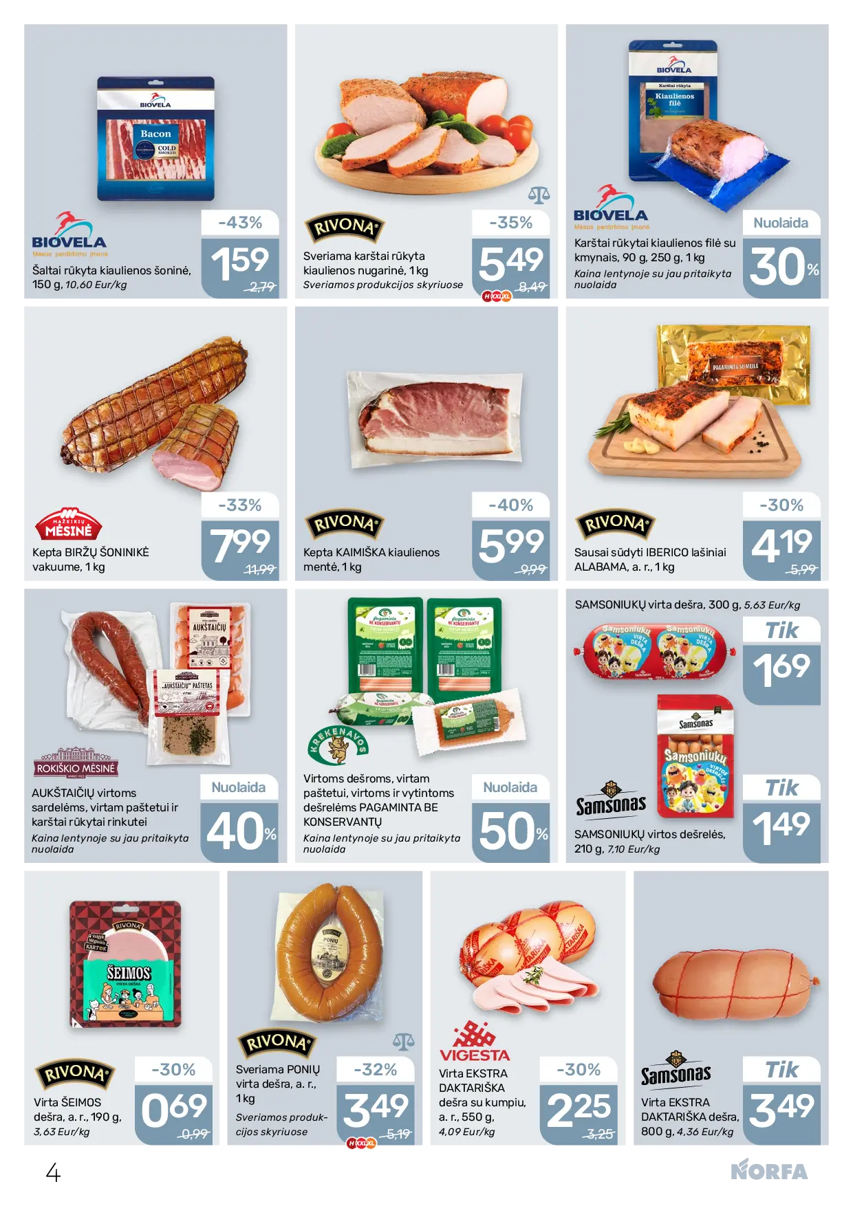 Norfa leidinys Nr. 22 – 4 puslapis: SAMSONIUKŲ virtos dešrelės, 210 g, SAMSONIUKŲ virta dešra, 300 g, Šaltai rūkyta kiaulienos šoninė BIOVELA, 150 g