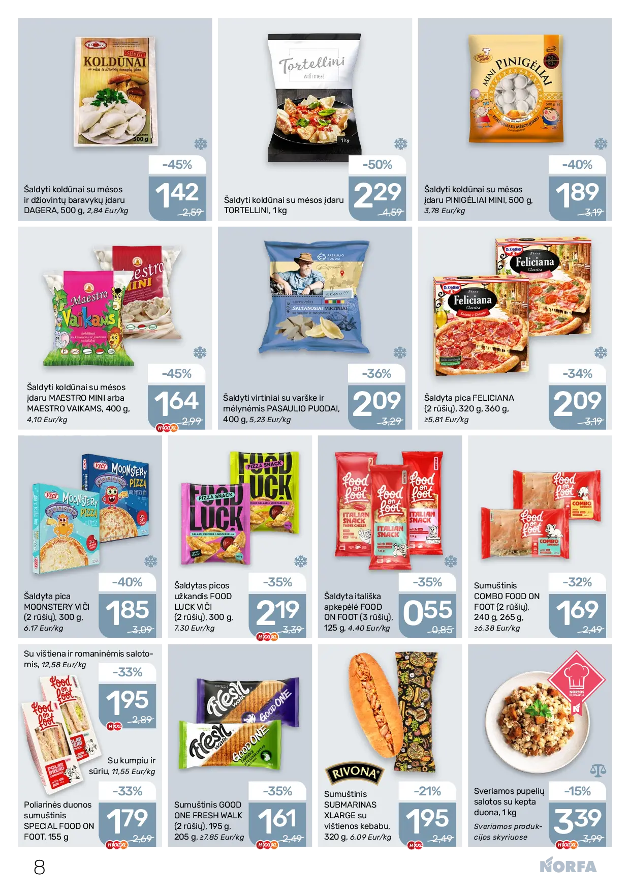 Norfa leidinys Nr. 22 – 8 puslapis: Sveriamos pupelių salotos su kepta duona, 1 kg, Šaldyti virtiniai su varške ir mėlynėmis PASAULIO PUODAI, 400 g, Šaldyti koldūnai su mėsos įdaru MAESTRO MINI arba MAESTRO VAIKAMS, 400 g