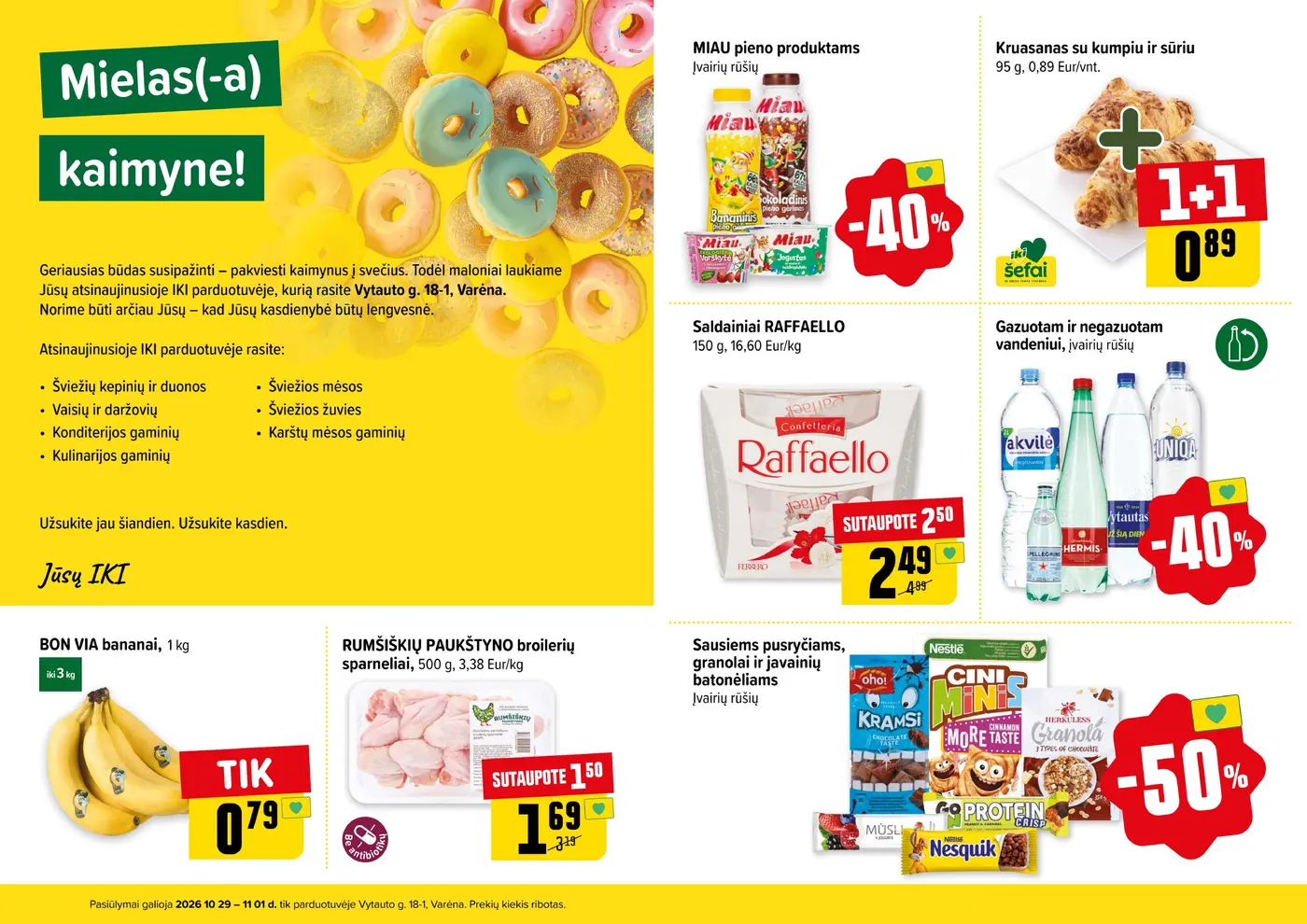 Iki Universalinės parduotuvės leidynys – 2 puslapis: MIAU pieno produktams, Kruasanas su kumpiu ir sūriu, 95 g, Saldainiai RAFFAELLO, 150 g