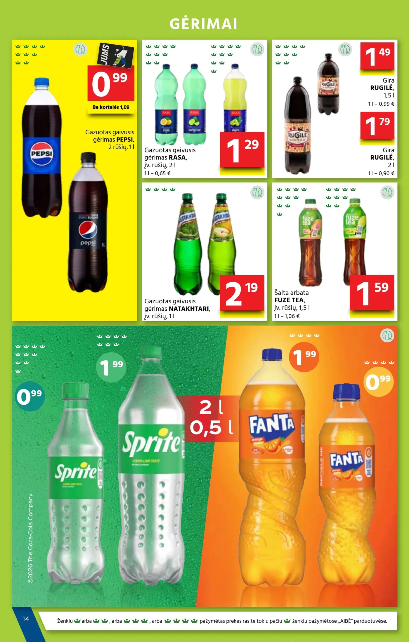 Aibė leidinys Nr. 21 – 15 puslapis: Gazuotas gaivusis gėrimas PEPSI, 1 l, Gazuotas gaivusis gėrimas RASA, 2 l, Gira RUGILĖ, 1.5 l