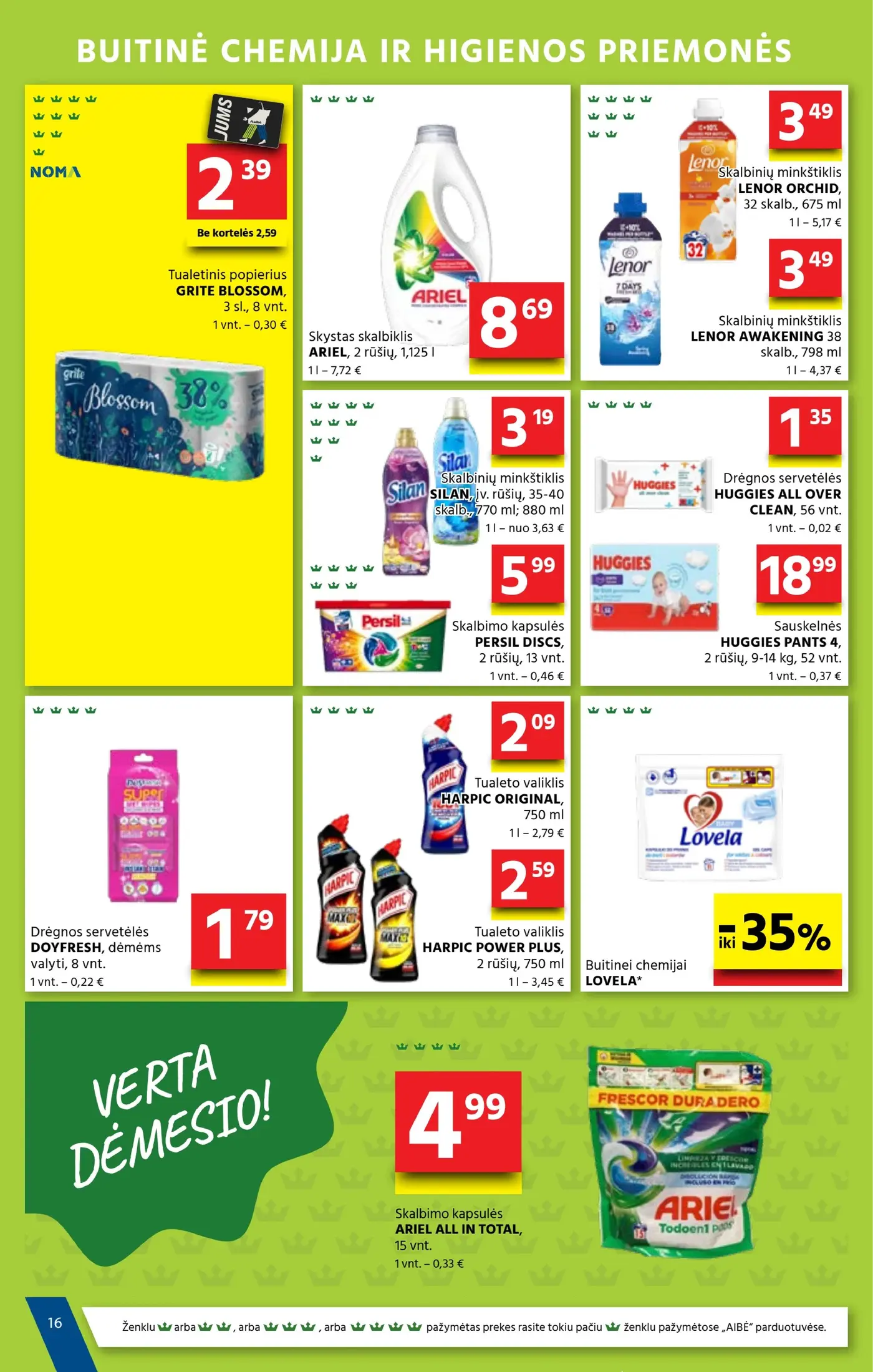 Aibė leidinys Nr. 21 – 17 puslapis: Tualetinis popierius GRITE BLOSSOM, 8 vnt, Skystas skalbiklis ARIEL, 1.125 l, Skalbinių minkštiklis LENOR ORCHID, 32 skalb.