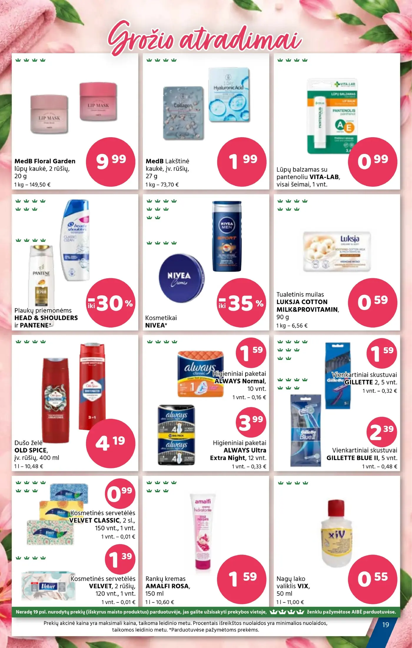 Aibė leidinys Nr. 21 – 18 puslapis: MedB Floral Garden lūpų kaukė, 20 g, MedB Lakštinė kaukė, 27 g, Lūpų balzamas su pantenoliu VITA-LAB, 1 vnt