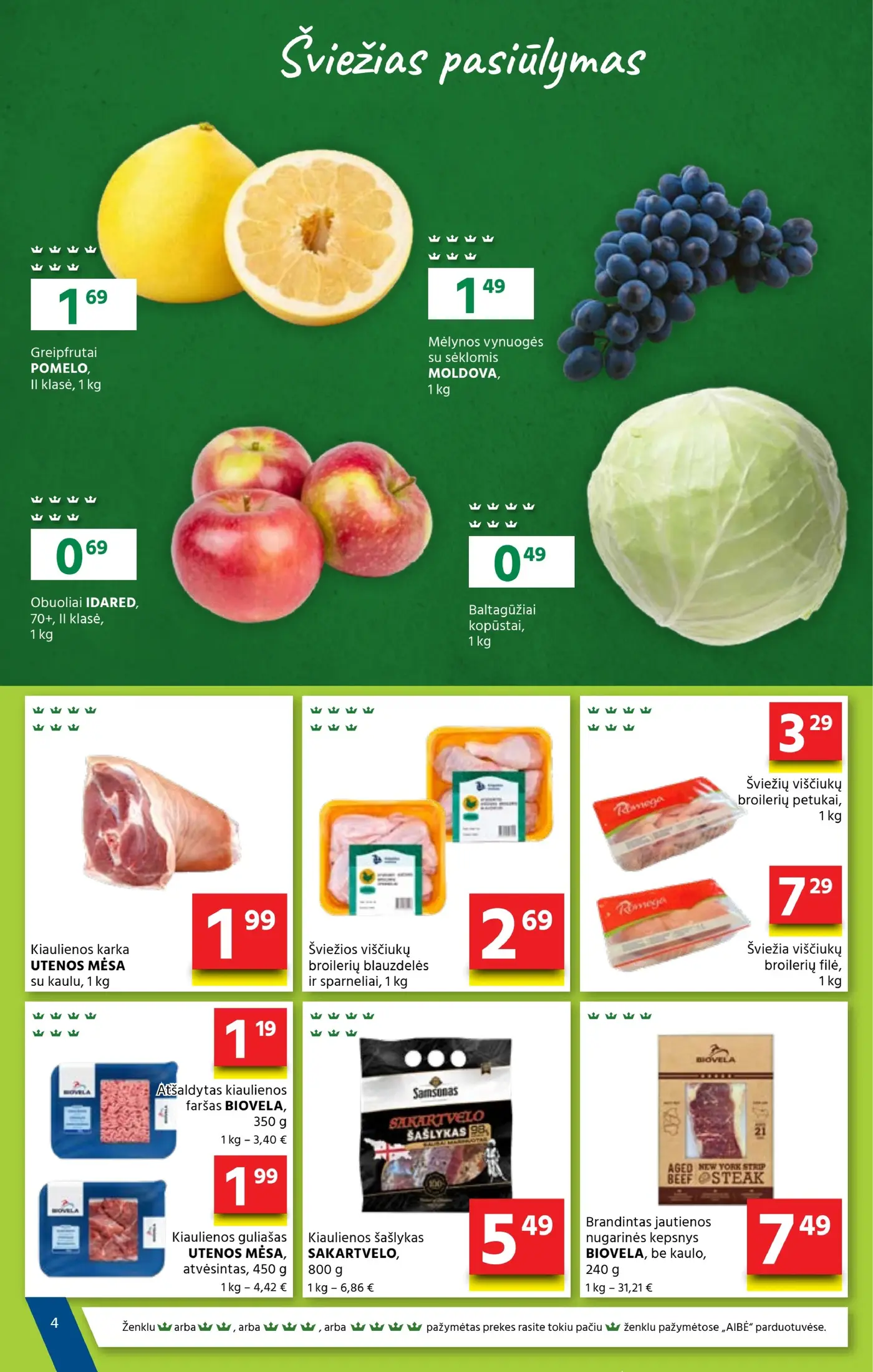 Aibė leidinys Nr. 21 – 4 puslapis: Greipfrutai POMELO, 1 kg, Mėlynos vynuogės su sėklomis MOLDOVA, 1 kg, Obuoliai IDARED, 1 kg