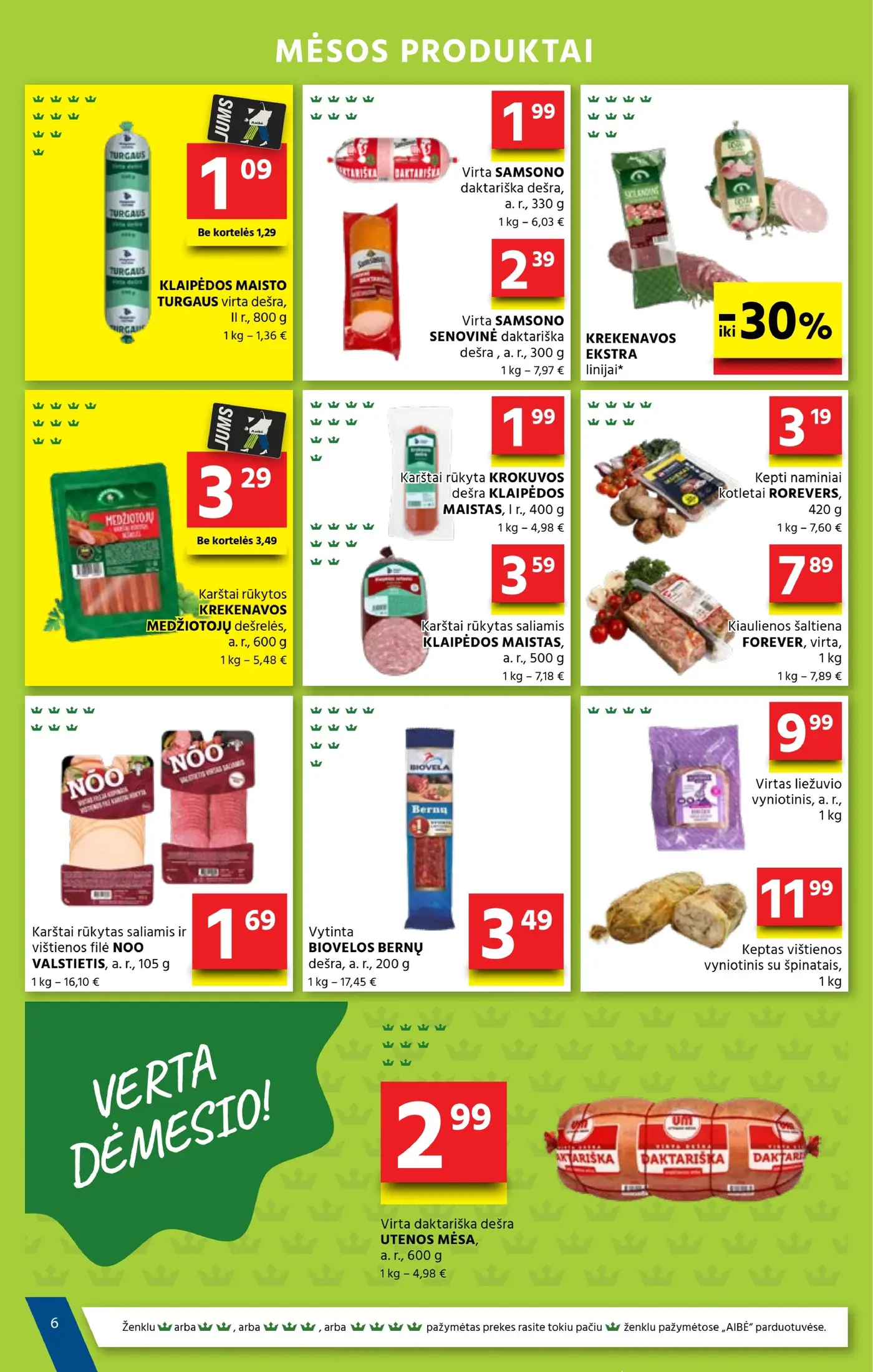 Aibė leidinys Nr. 21 – 7 puslapis: KLAIPĖDOS MAISTO TURGAUS virta dešra, 800 g, Virta daktariška dešra SAMSONAS, 330 g, Virta SAMSONO SENOVINĖ daktariška dešra, 300 g