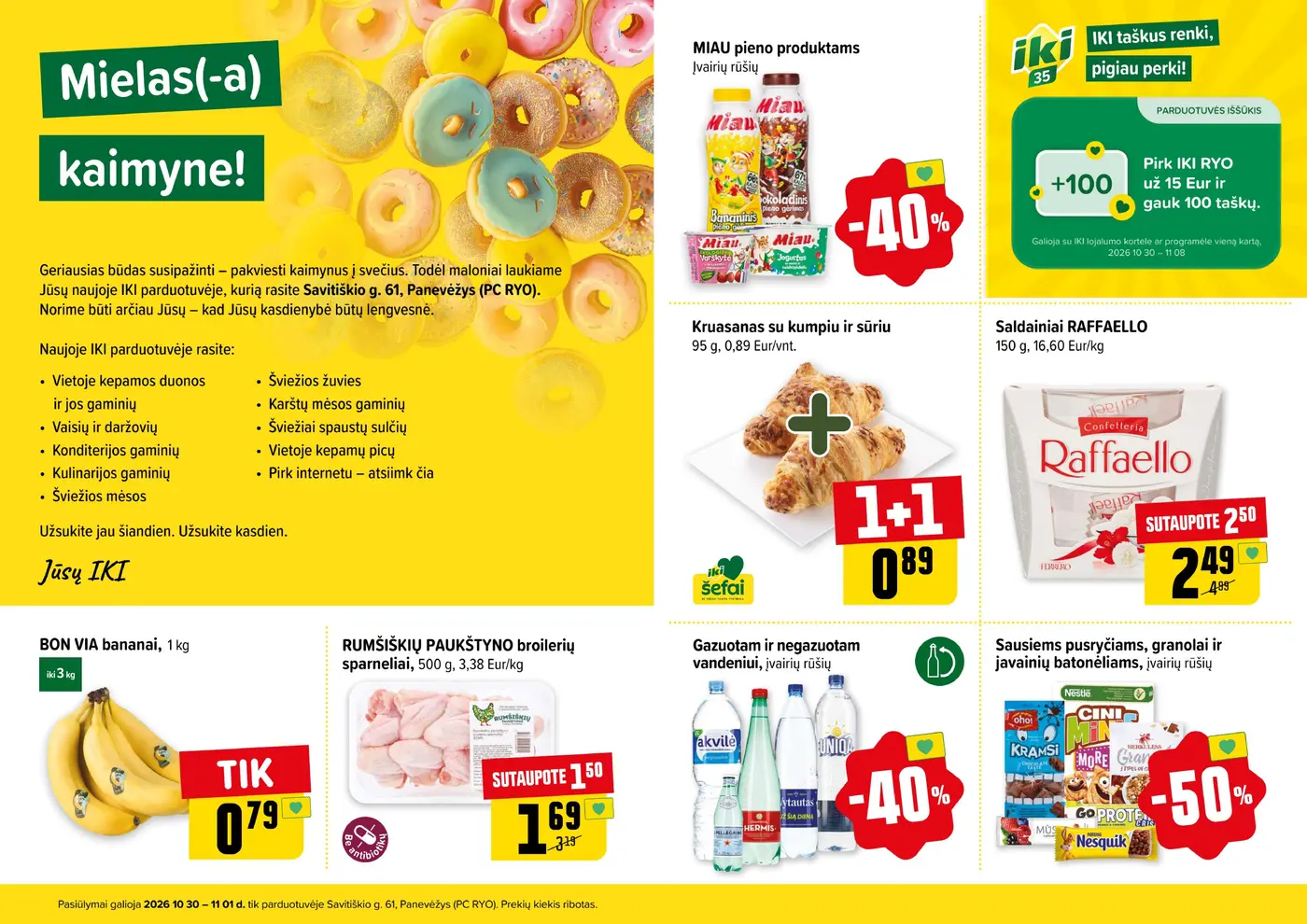 Iki RYO parduotuvės leidynys – 2 puslapis: MIAU pieno produktams, Kruasanas su kumpiu ir sūriu, 95 g, Saldainiai RAFFAELLO, 150 g