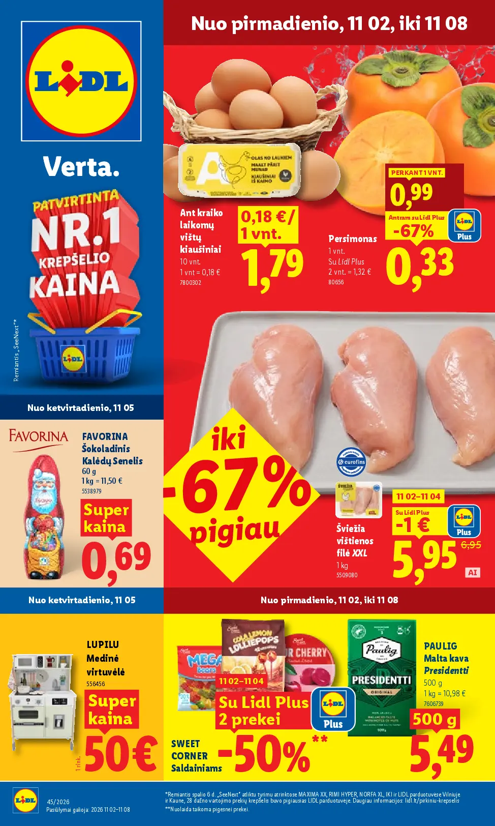 Lidl maisto prekių leidinys Nr. 45 – 1 puslapis: Persimonas, 1 vnt, Šviežia vištienos filė XXL, 1 kg, Ant kraiko laikomų vištų kiaušiniai, 10 vnt
