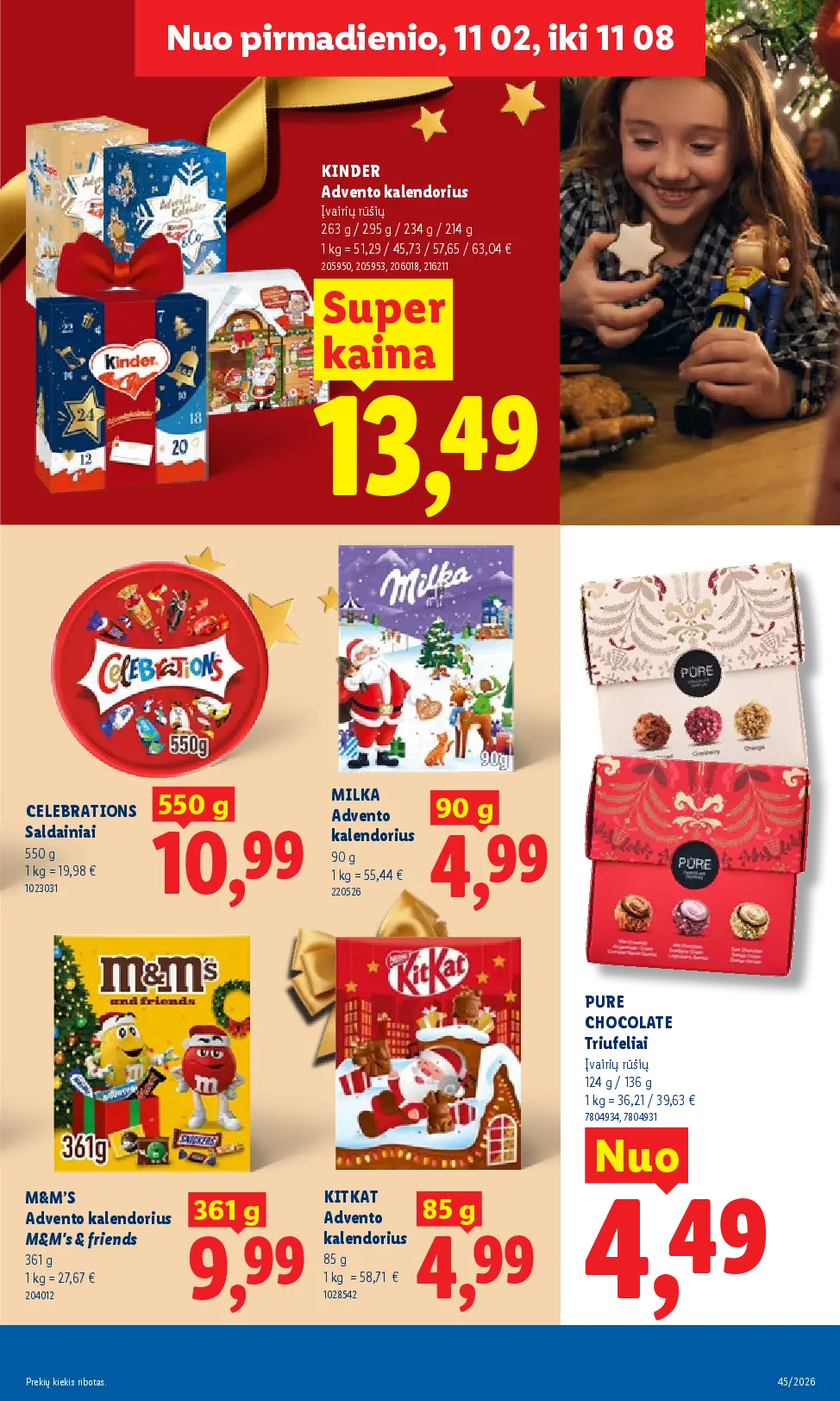 Lidl maisto prekių leidinys Nr. 45 – 11 puslapis: KINDER Advento kalendorius, 263 g, CELEBRATIONS Saldainiai, 550 g, MILKA Advento kalendorius, 90 g