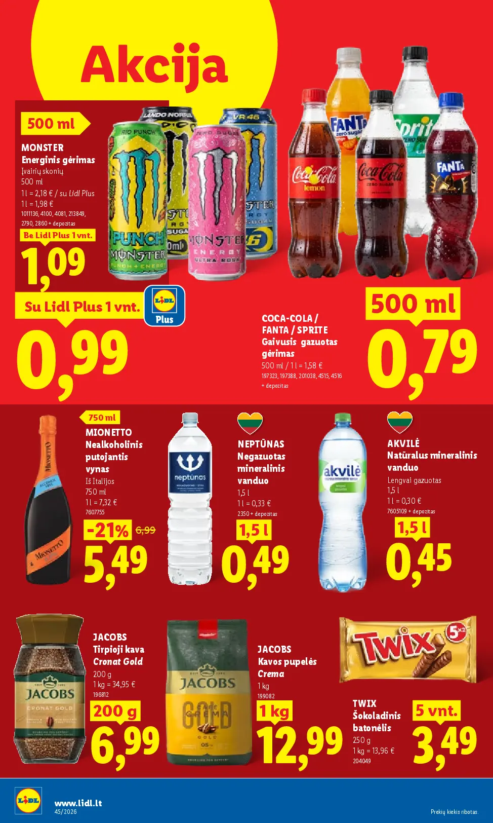 Lidl maisto prekių leidinys Nr. 45 – 14 puslapis: Energiniai gėrimai, MONSTER, 0.5 l, COCA-COLA / FANTA / SPRITE Gazuotas gaivusis gėrimas, 500 ml, MIONETTO Nealkoholinis putojantis vynas, 750 ml
