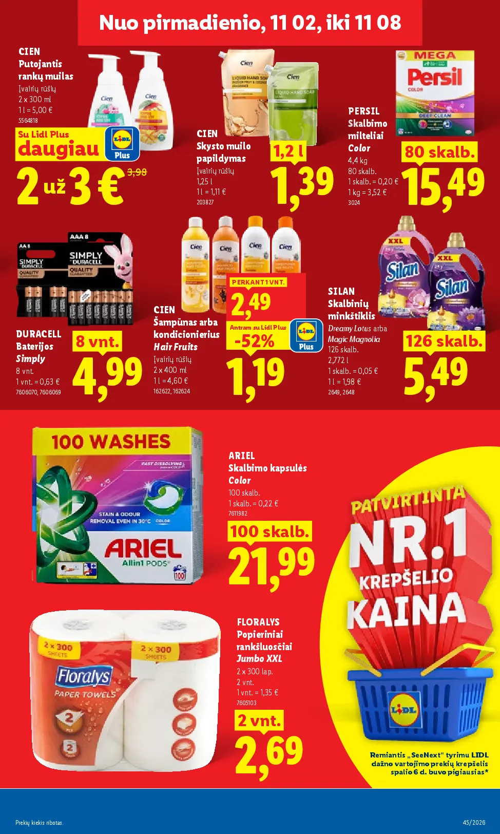 Lidl maisto prekių leidinys Nr. 45 – 15 puslapis: CIEN Putojantis rankų muilas, 2 x 300 ml, CIEN Skysto muilo papildymas, 1.25 l, PERSIL Skalbimo milteliai Color, 4.4 kg