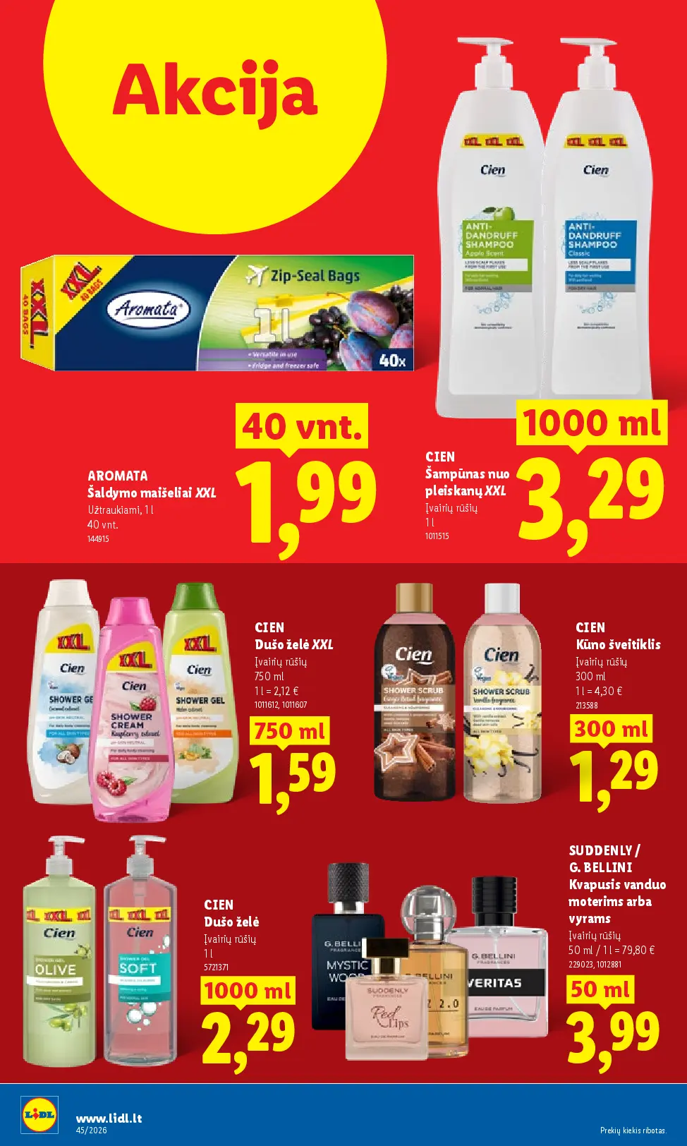 Lidl maisto prekių leidinys Nr. 45 – 16 puslapis: AROMATA Šaldymo maišeliai XXL, 40 vnt, CIEN Šampūnas nuo pleiskanų XXL, 1 l, CIEN Dušo želė XXL, 750 ml