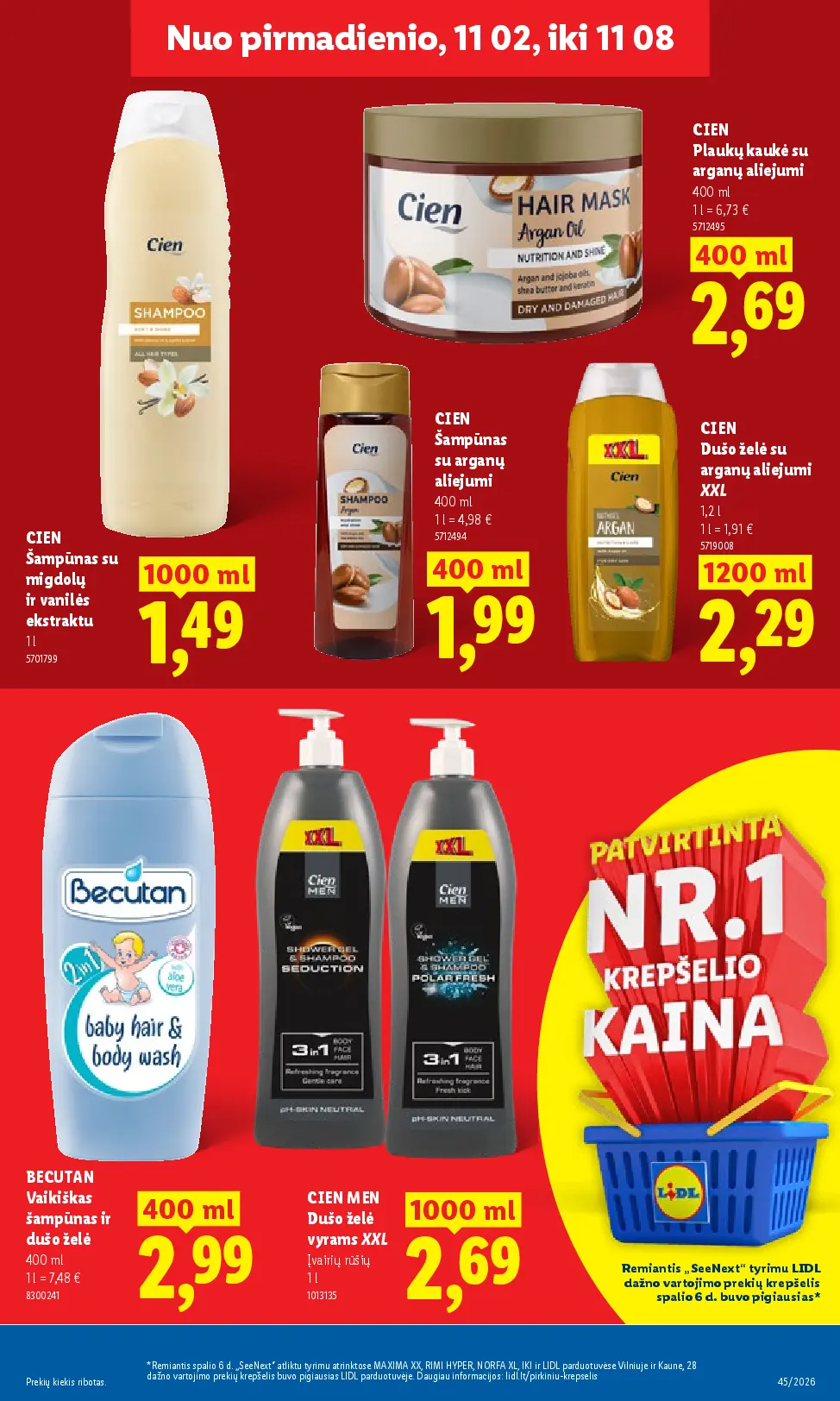 Lidl maisto prekių leidinys Nr. 45 – 17 puslapis: CIEN Šampūnas su migdolų ir vanilės ekstraktu, 1 l, CIEN Plaukų kaukė su arganų aliejumi, 400 ml, CIEN Šampūnas su arganų aliejumi, 400 ml