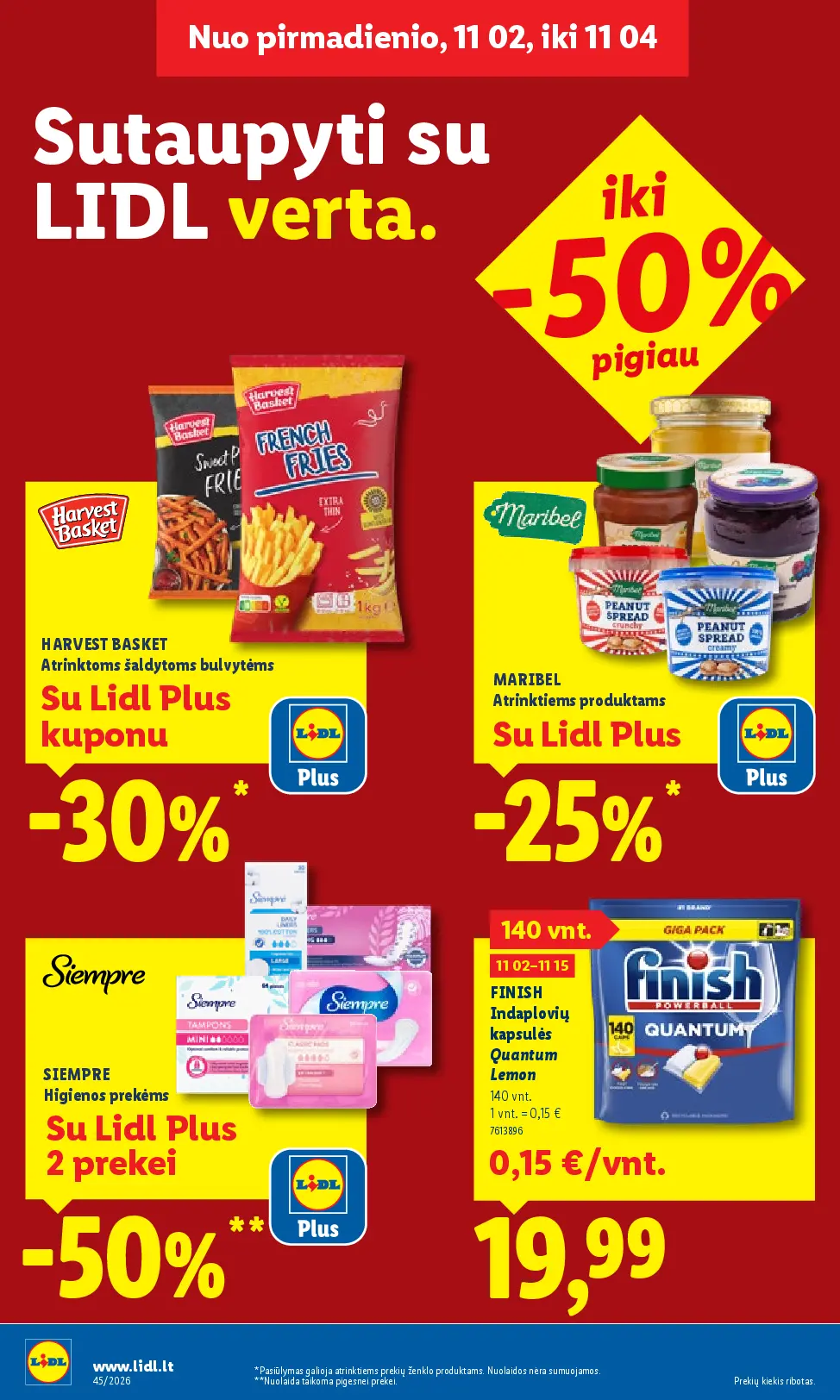 Lidl maisto prekių leidinys Nr. 45 – 2 puslapis: HARVEST BASKET Atrinktoms šaldytoms bulvytėms, MARIBEL Atrinktiems produktams, SIEMPRE Higienos prekėms