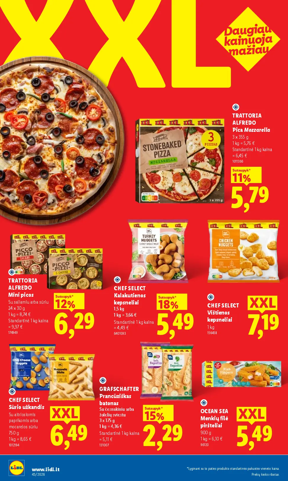 Lidl maisto prekių leidinys Nr. 45 – 20 puslapis: TRATTORIA ALFREDO Pica Mozzarella, 3 x 355 g, TRATTORIA ALFREDO Mini picos, 24 x 30 g, CHEF SELECT Kalakutienos kepsneliai, 1.5 kg