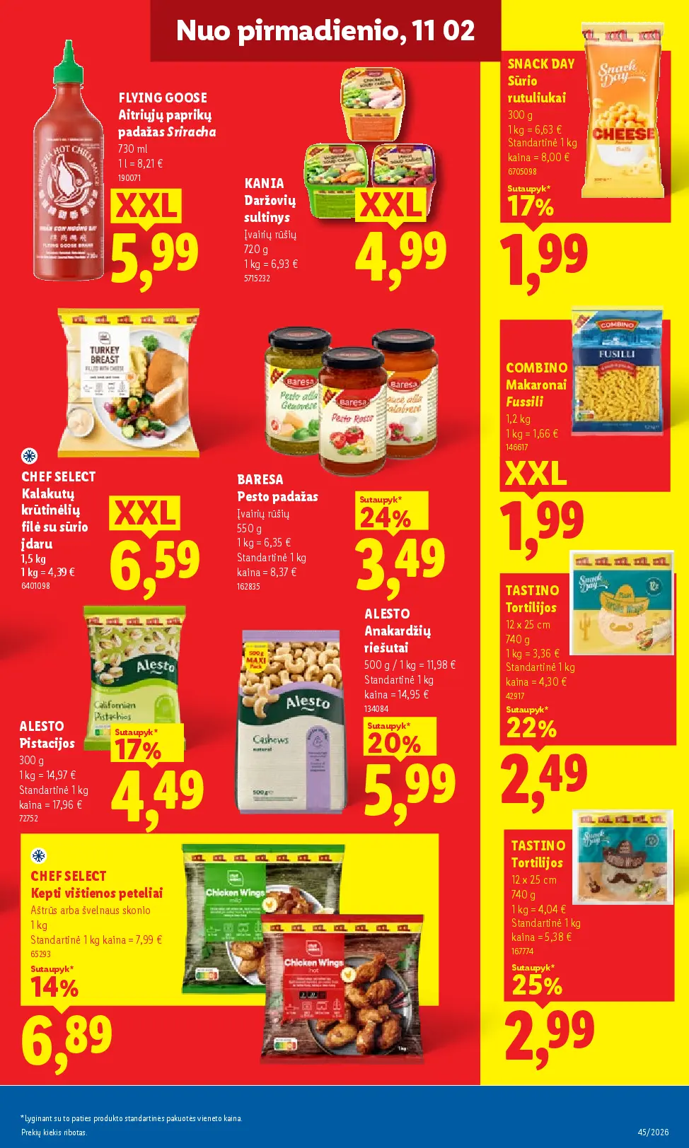 Lidl maisto prekių leidinys Nr. 45 – 21 puslapis: FLYING GOOSE Aitriųjų paprikų padažas Sriracha, 730 ml, KANIA Daržovių sultinys, 720 g, SNACK DAY Sūrio rutuliukai, 300 g