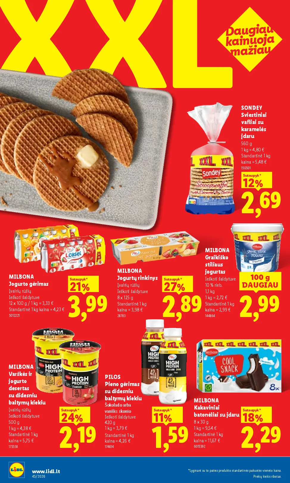 Lidl maisto prekių leidinys Nr. 45 – 22 puslapis: SONDEY Sviestiniai vafliai su karamelės įdaru, 560 g, MILBONA Jogurto gėrimas, 12 x 100 g, MILBONA Jogurtų rinkinys, 8 x 125 g