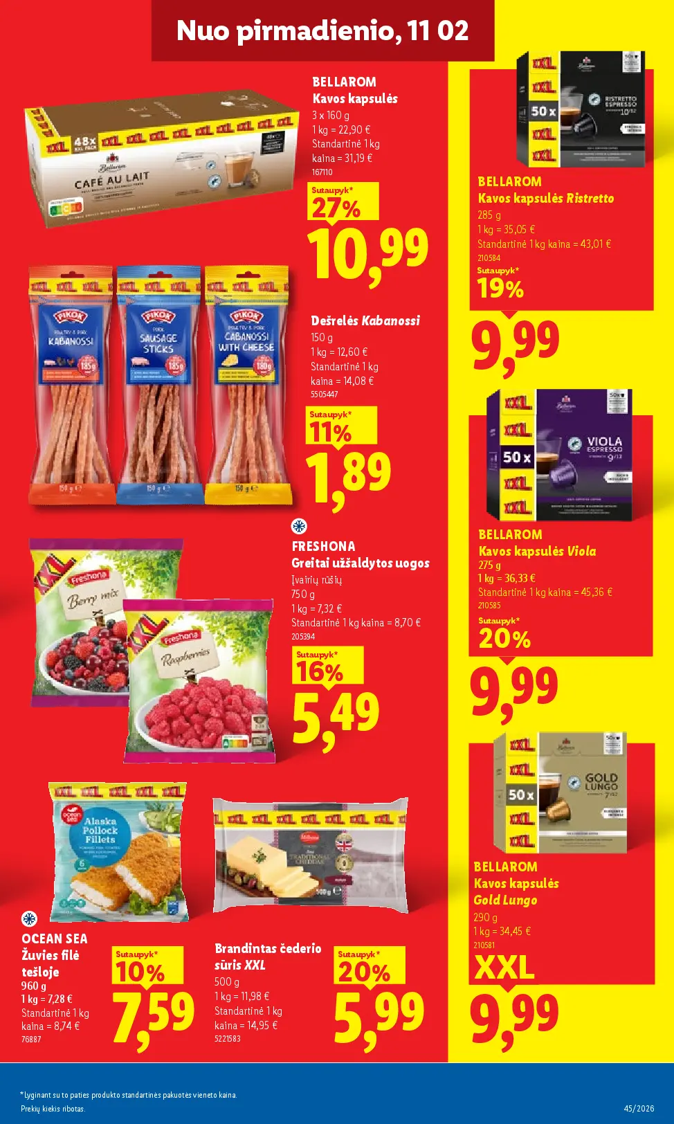 Lidl maisto prekių leidinys Nr. 45 – 23 puslapis: BELLAROM Kavos kapsulės, 3 x 160 g, BELLAROM Kavos kapsulės Ristretto, 285 g, Dešrelės Kabanossi, 150 g