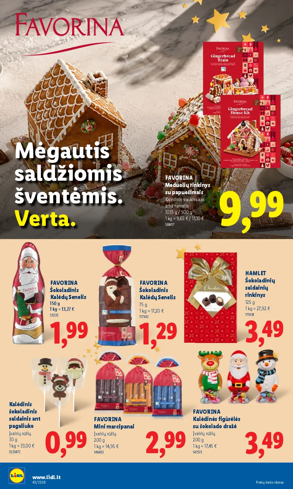 Lidl maisto prekių leidinys Nr. 45 – 24 puslapis: FAVORINA Meduolių rinkinys su papuošimais, 1035 g, FAVORINA Šokoladinis Kalėdų Senelis, 150 g, FAVORINA Šokoladinis Kalėdų Senelis, 75 g