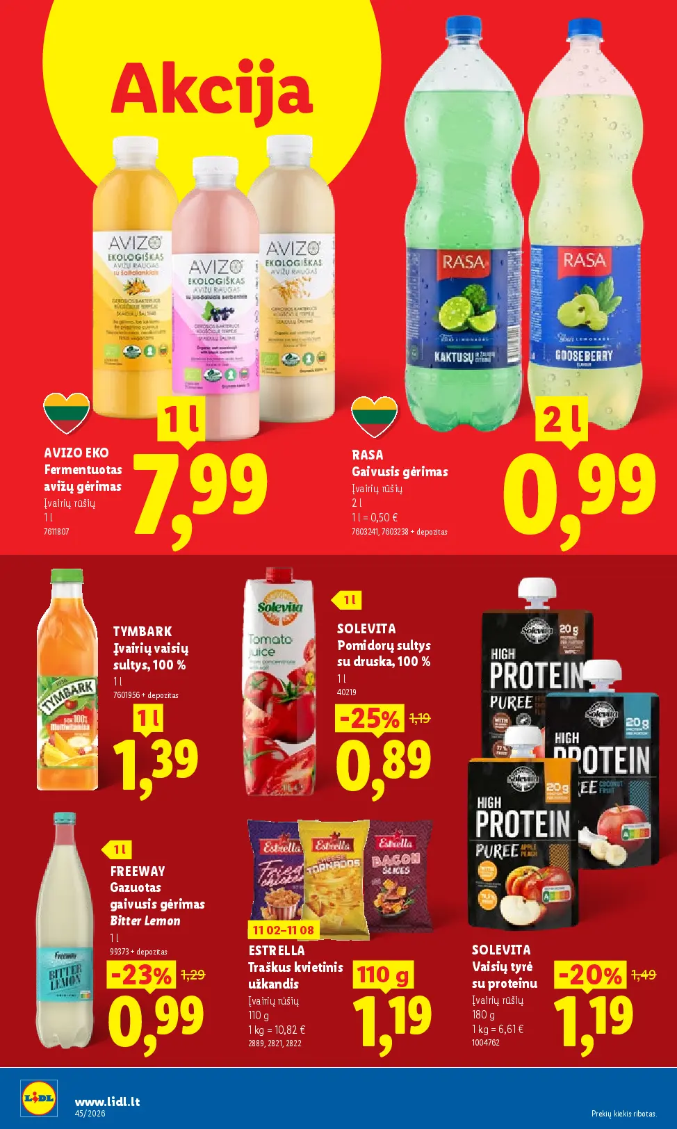 Lidl maisto prekių leidinys Nr. 45 – 26 puslapis: AVIZO EKO Fermentuotas avižų gėrimas, 1 l, RASA Gaivusis gėrimas, 2 l, Įvairių vaisių sultys TYMBARK, 1 l