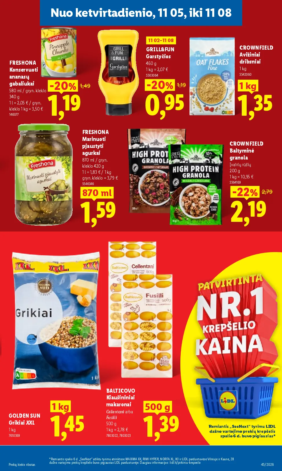 Lidl maisto prekių leidinys Nr. 45 – 27 puslapis: FRESHONA Konservuoti ananasai gabaliukais, 580 ml, GRILL&FUN Garstyčios, 460 g, CROWNFIELD Avižiniai dribsniai, 1 kg