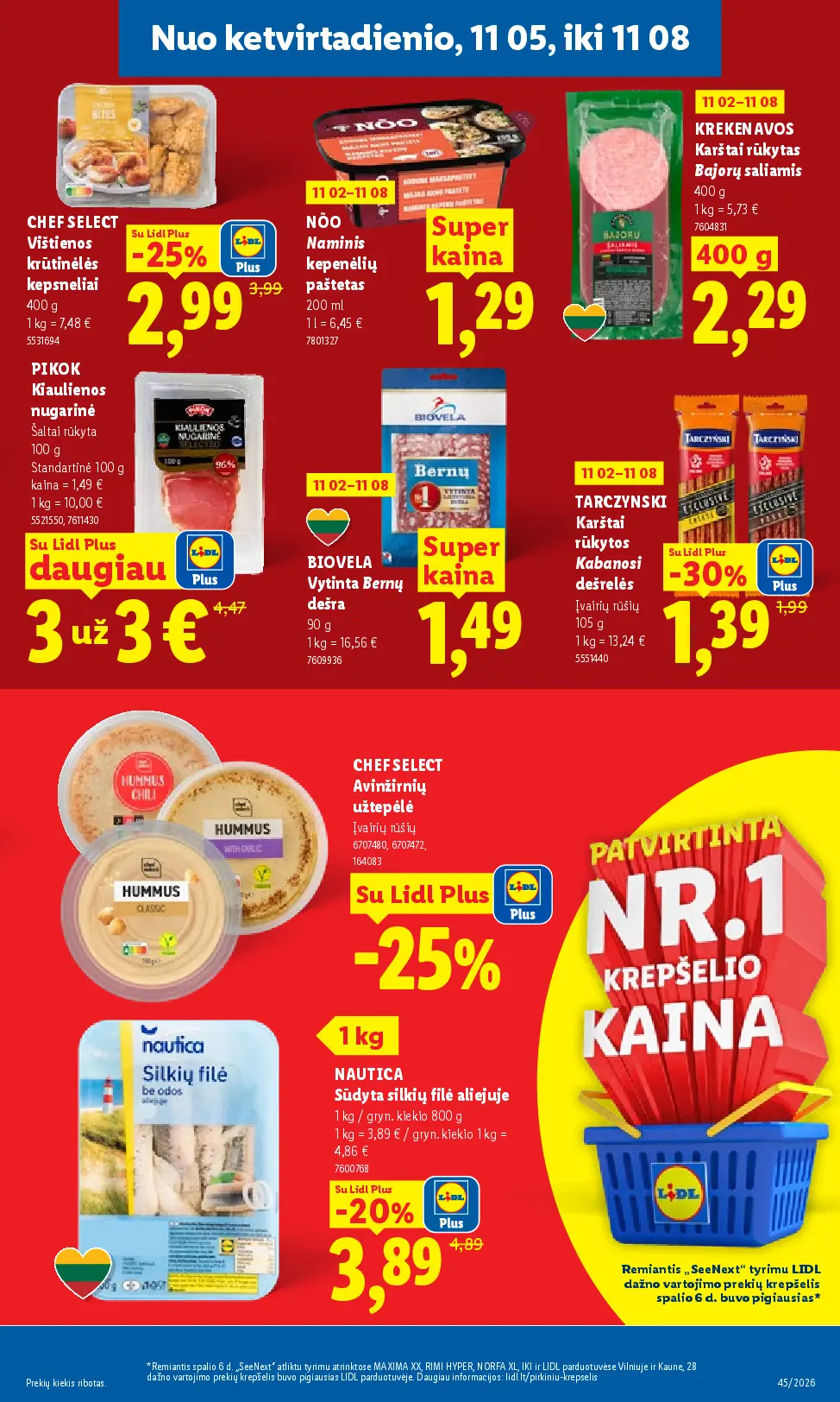 Lidl maisto prekių leidinys Nr. 45 – 29 puslapis: CHEF SELECT Vištienos krūtinėlės kepsneliai, 400 g, NÕO Naminis kepenėlių paštetas, 200 ml, KREKENAVOS Karštai rūkytas Bajorų saliamis, 400 g