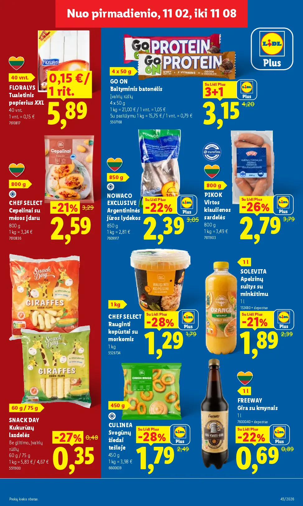 Lidl maisto prekių leidinys Nr. 45 – 3 puslapis: FLORALYS Tualetinis popierius XXL, 40 vnt, GO ON Baltyminis batonėlis, 4 x 50 g, CHEF SELECT Cepelinai su mėsos įdaru, 800 g