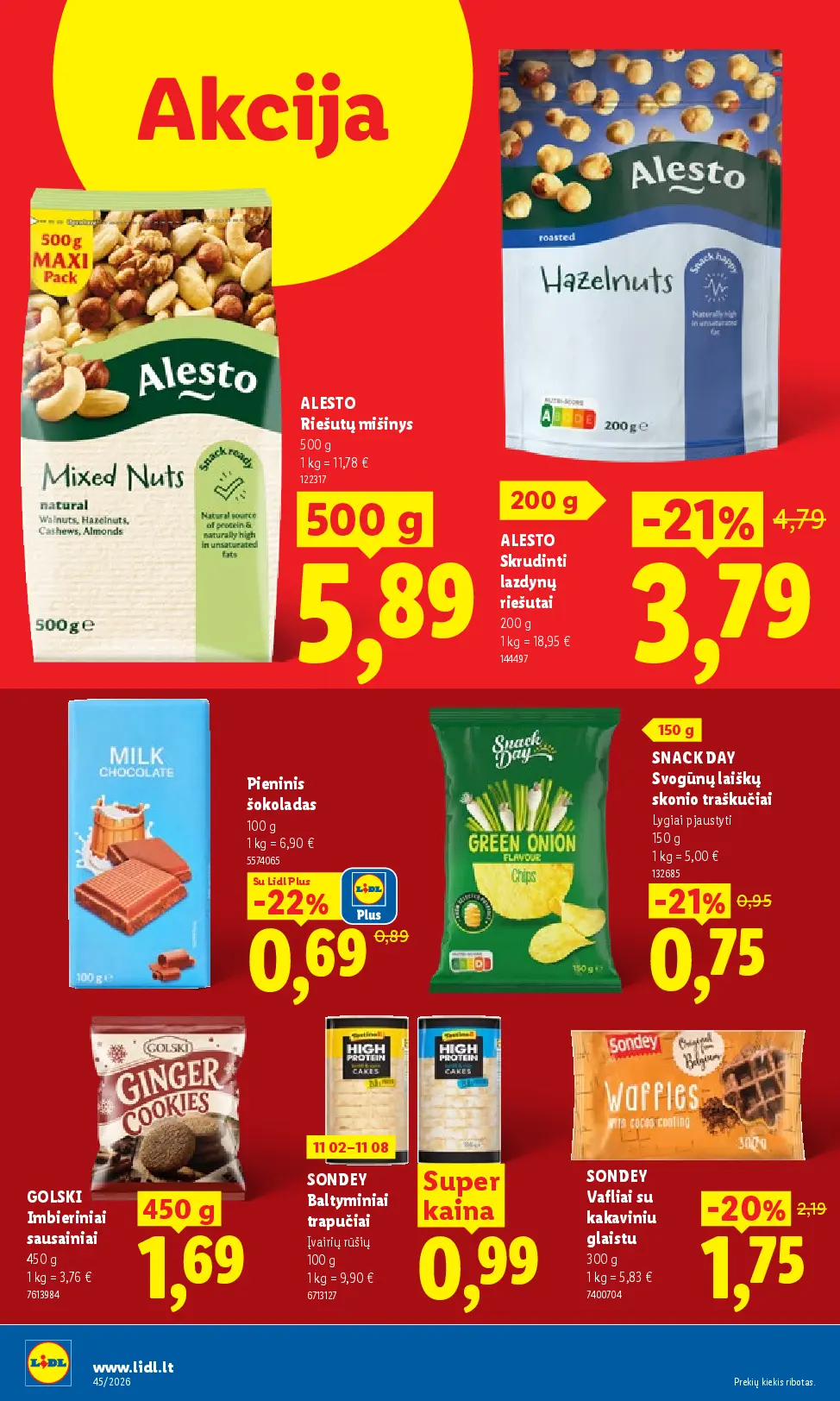 Lidl maisto prekių leidinys Nr. 45 – 30 puslapis: ALESTO Riešutų mišinys, 500 g, ALESTO Skrudinti lazdynų riešutai, 200 g, Pieninis šokoladas, 100 g