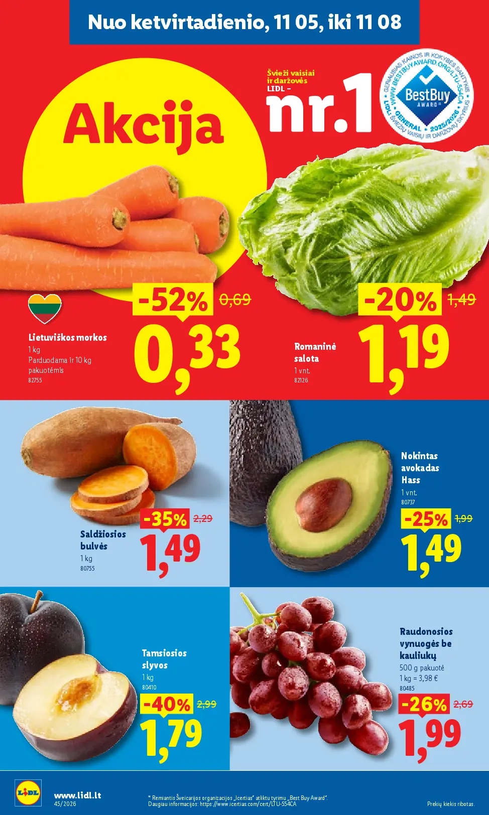 Lidl maisto prekių leidinys Nr. 45 – 32 puslapis: Raudonosios vynuogės be kauliukų, 500 g, Lietuviškos morkos, 1 kg, Romaninė salota, 1 vnt