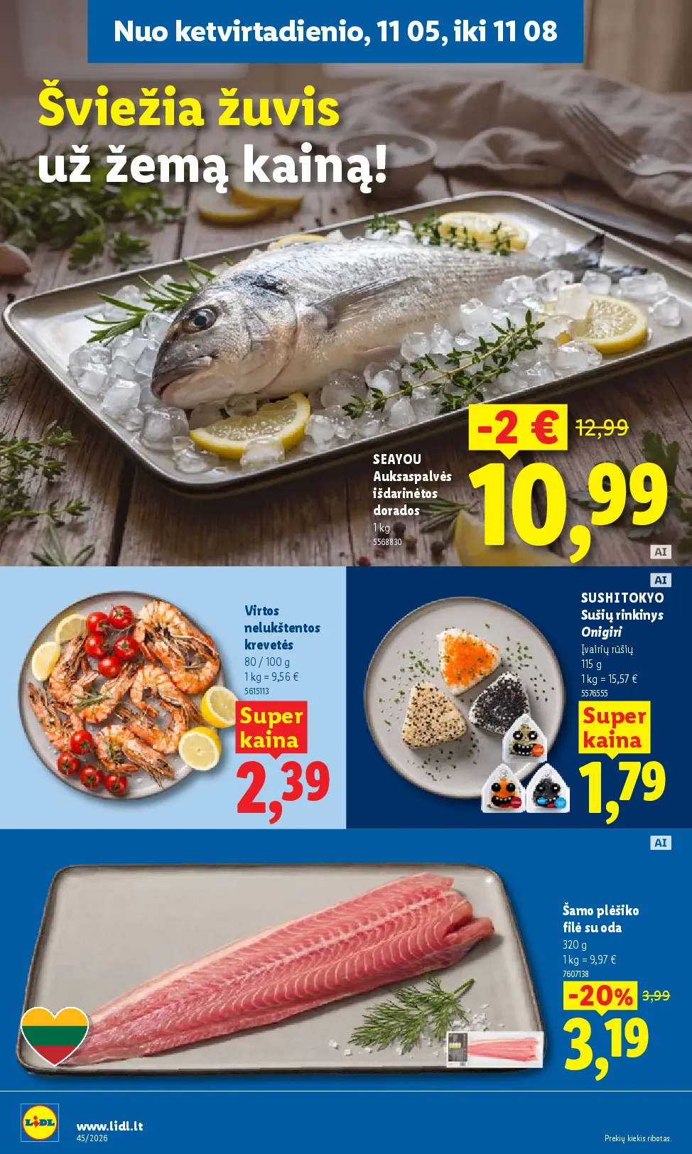 Lidl maisto prekių leidinys Nr. 45 – 34 puslapis: Šamo plėšiko filė su oda, 320 g, SEAYOU Auksaspalvės išdarinėtos dorados, 1 kg, Virtos nelukštentos krevetės, 100 g