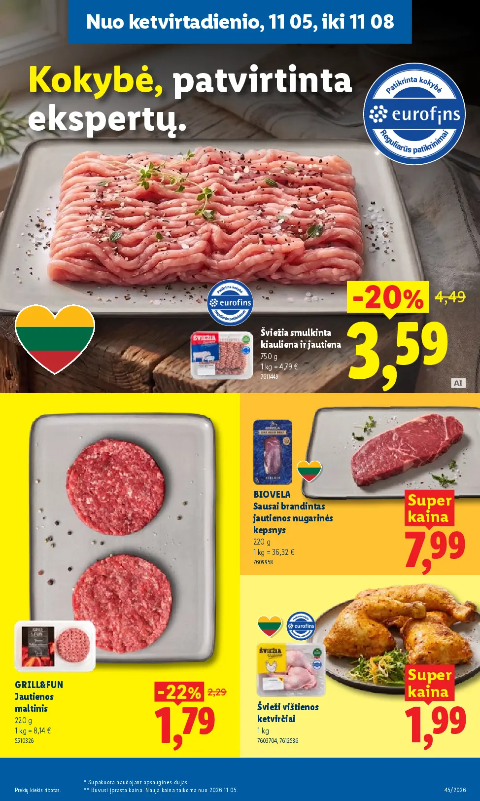 Lidl maisto prekių leidinys Nr. 45 – 35 puslapis: BIOVELA Sausai brandintas jautienos nugarinės kepsnys, 220 g, GRILL&FUN Jautienos maltinis, 220 g, Švieži vištienos ketvirčiai, 1 kg