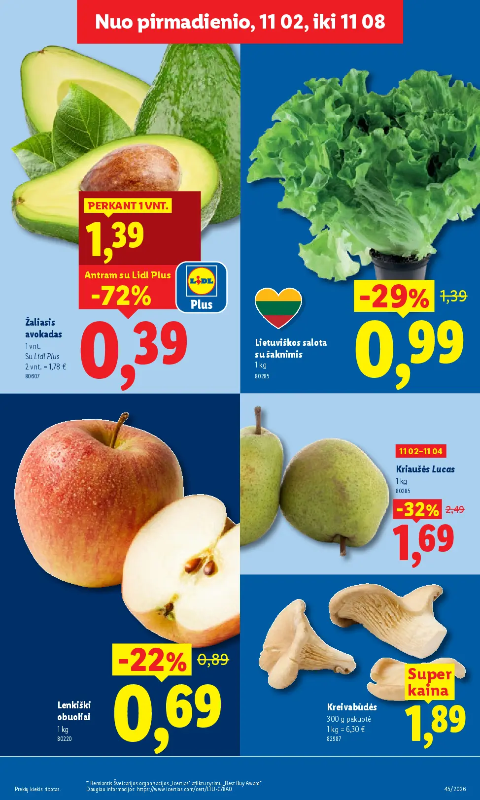 Lidl maisto prekių leidinys Nr. 45 – 5 puslapis: Žaliasis avokadas, 1 vnt, Lietuviškos salota su šaknimis, 1 kg, Lenkiški obuoliai, 1 kg