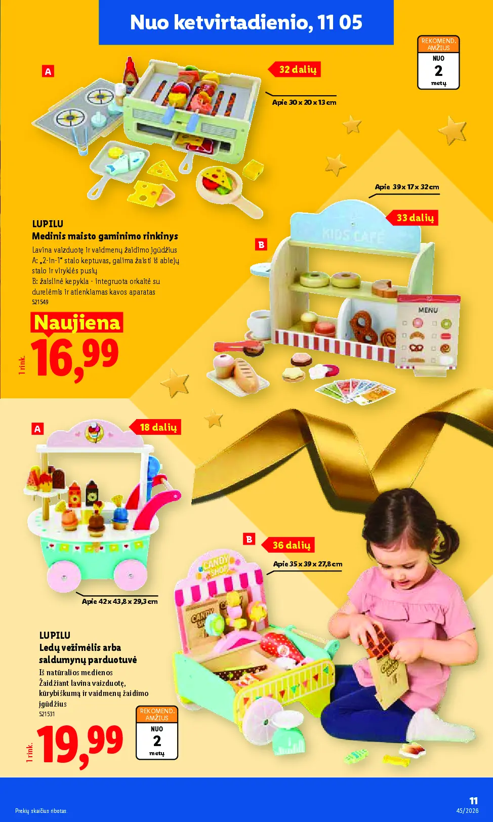 Lidl ne maisto prekių leidinys Nr. 45 – 11 puslapis: LUPILU Medinis maisto gaminimo rinkinys, LUPILU Ledų vežimėlis arba saldumynų parduotuvė