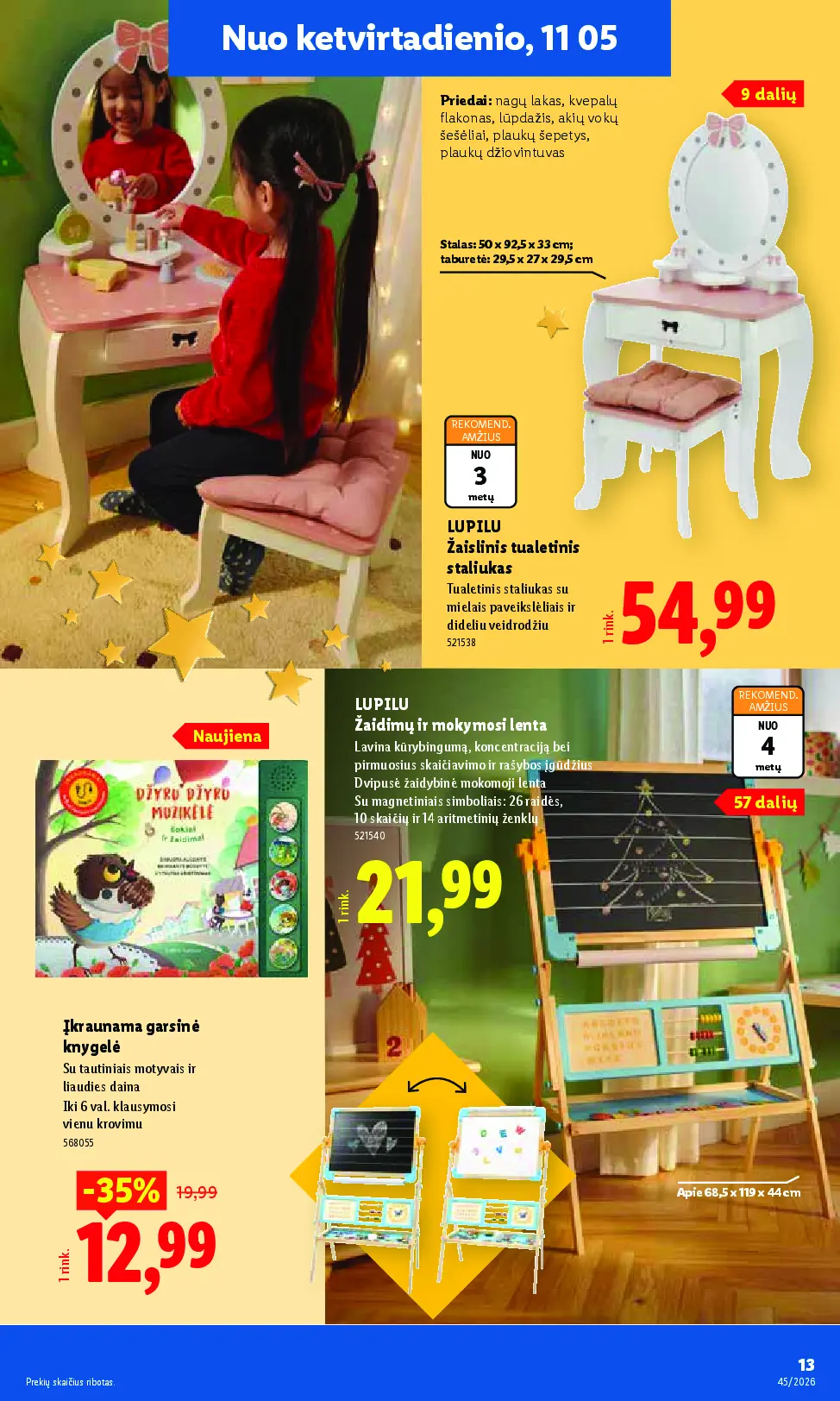 Lidl ne maisto prekių leidinys Nr. 45 – 13 puslapis: LUPILU Žaislinis tualetinis staliukas, 92.5 x 33 cm, Įkraunama garsinė knygelė, LUPILU Žaidimų ir mokymosi lenta, 119 x 44 cm