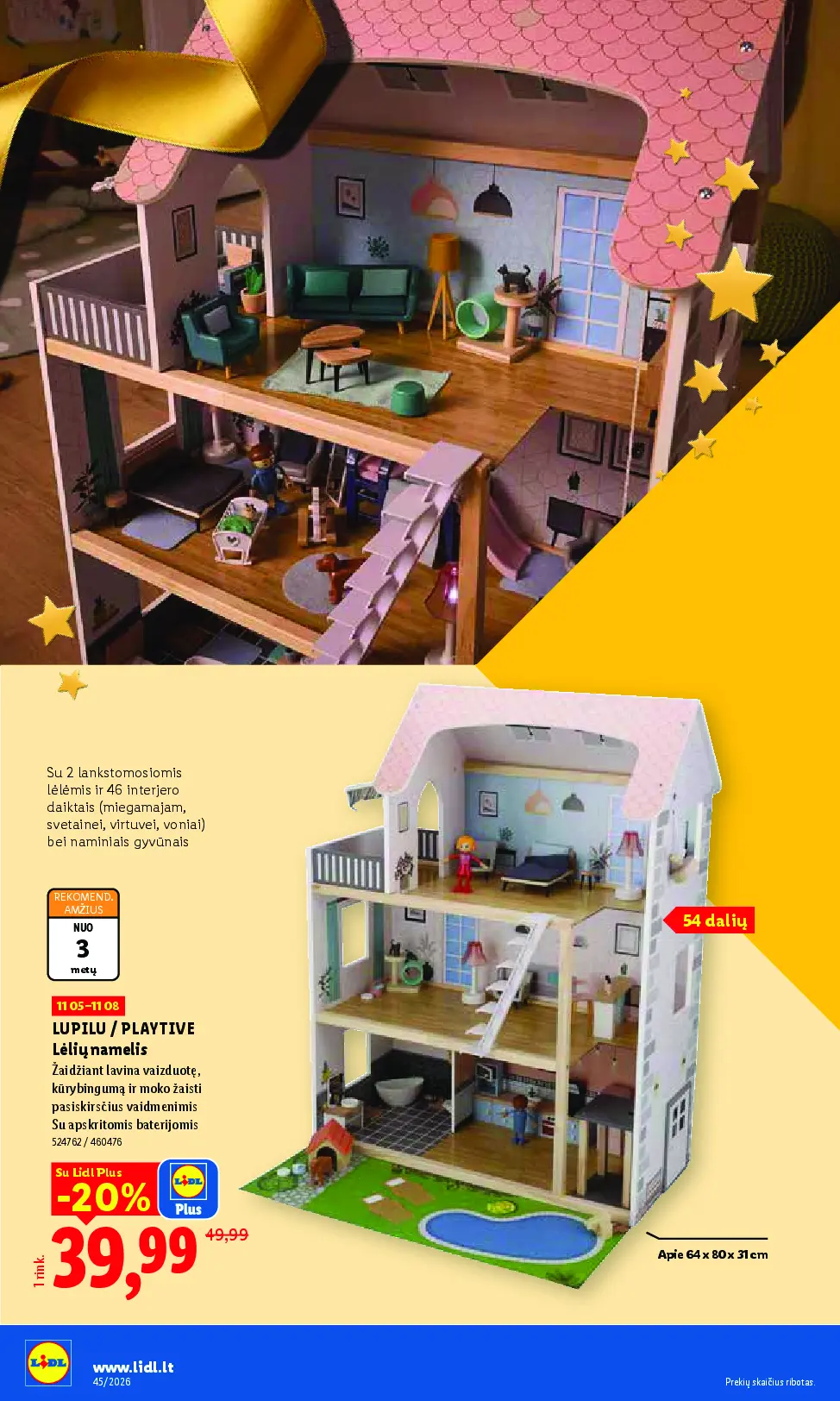 Lidl ne maisto prekių leidinys Nr. 45 – 14 puslapis: LUPILU / PLAYTIVE Lėlių namelis, 80 x 31 cm