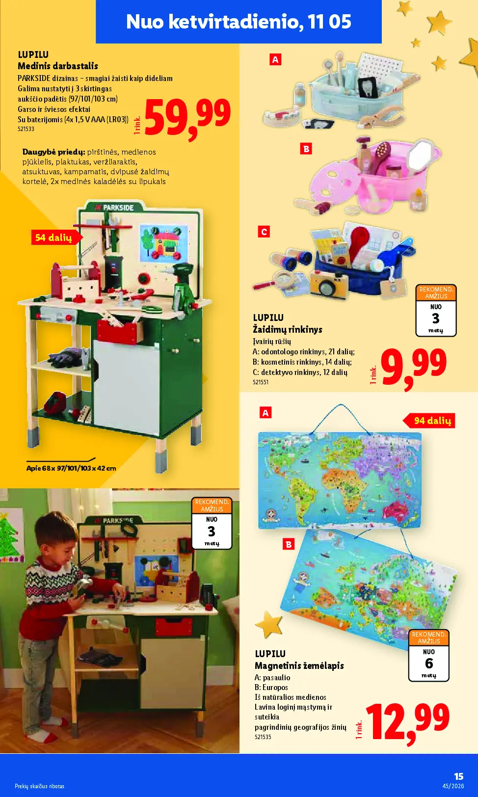 Lidl ne maisto prekių leidinys Nr. 45 – 15 puslapis: LUPILU Medinis darbastalis, 103 x 42 cm, LUPILU Žaidimų rinkinys, LUPILU Magnetinis žemėlapis