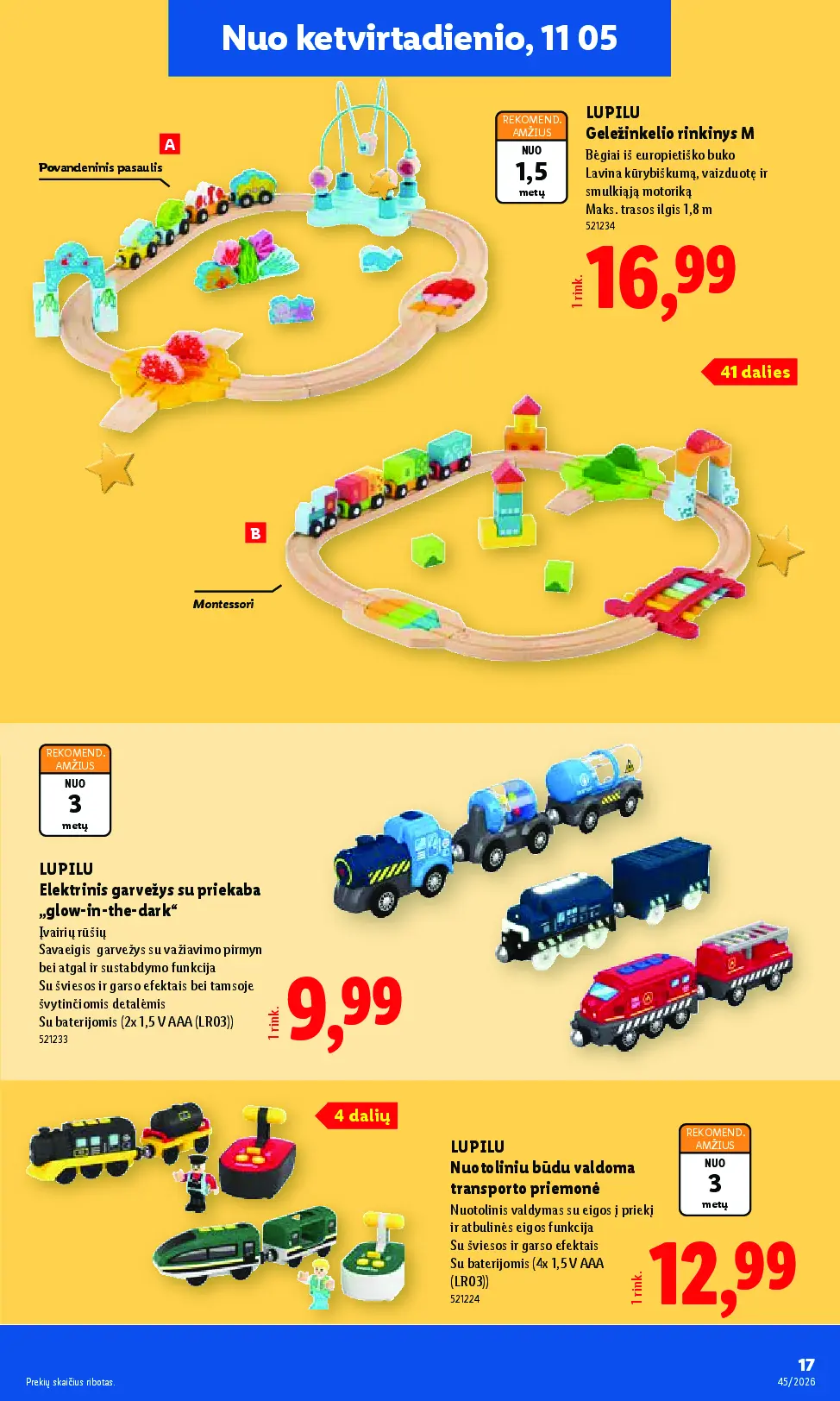 Lidl ne maisto prekių leidinys Nr. 45 – 17 puslapis: LUPILU Geležinkelio rinkinys M, LUPILU Elektrinis garvežys su priekaba „glow-in-the-dark“, LUPILU Nuotoliniu būdu valdoma transporto priemonė