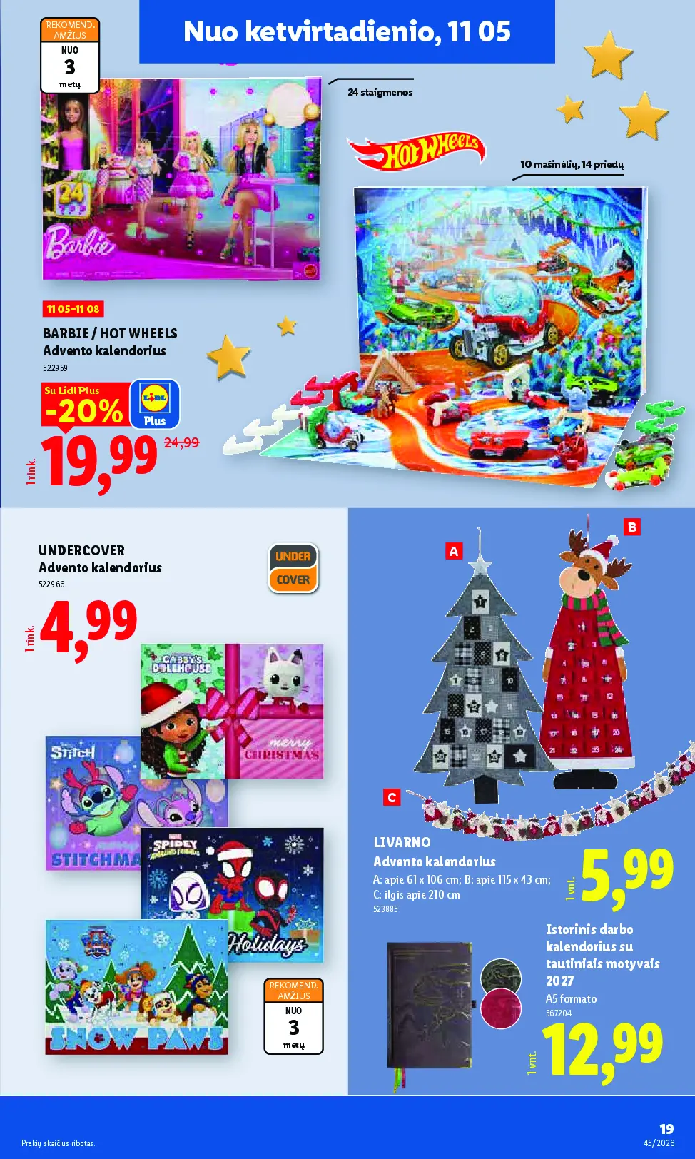 Lidl ne maisto prekių leidinys Nr. 45 – 19 puslapis: BARBIE / HOT WHEELS Advento kalendorius, UNDERCOVER Advento kalendorius, LIVARNO Advento kalendorius