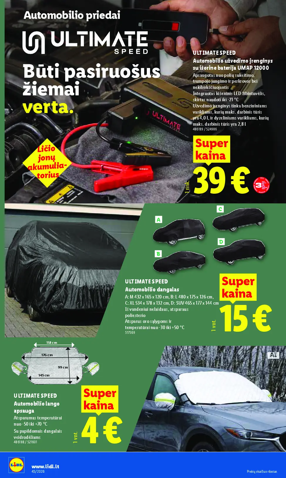 Lidl ne maisto prekių leidinys Nr. 45 – 2 puslapis: ULTIMATE SPEED Automobilio užvedimo įrenginys su išorine baterija UMAP 12000, ULTIMATE SPEED Automobilio dangalas, 165 x 120 cm, ULTIMATE SPEED Automobilio lango apsauga