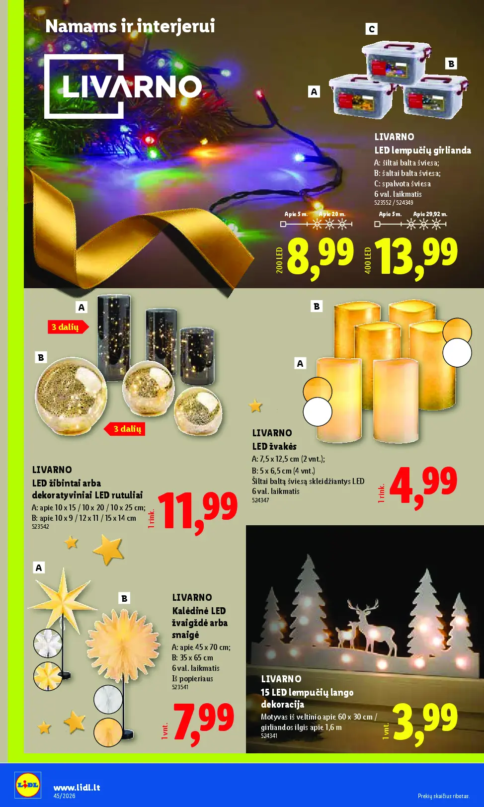Lidl ne maisto prekių leidinys Nr. 45 – 6 puslapis: LIVARNO LED lempučių girlianda, 5 m, LIVARNO LED žibintai arba dekoratyviniai LED rutuliai, LIVARNO LED žvakės