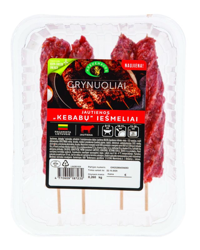 Atšaldyti jautienos kebabų iešmeliai GRYNUOLIAI, 260 g